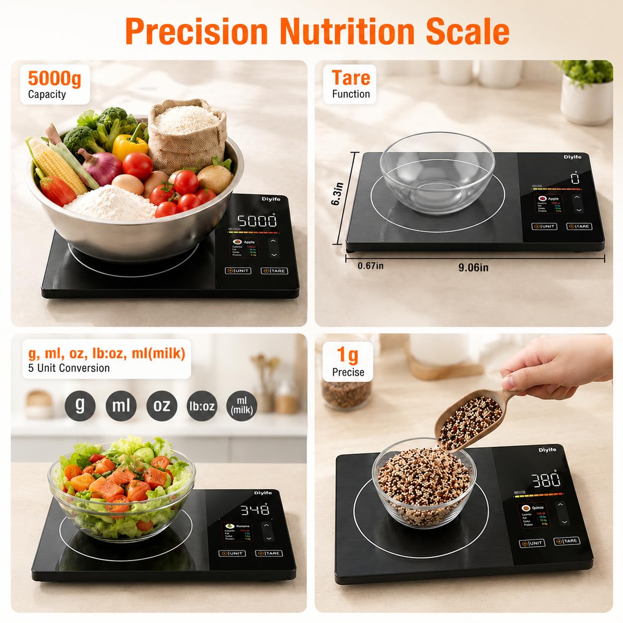 Smart Food Scale with Nutritional Calculator, [TFT Colorful Display] 5kg Nutrition Scale with App, 25 Nutrients Tracking, Calorie, Macro, Keto, Weight Loss, Tare, 5 Units for Meal Prep & Baking