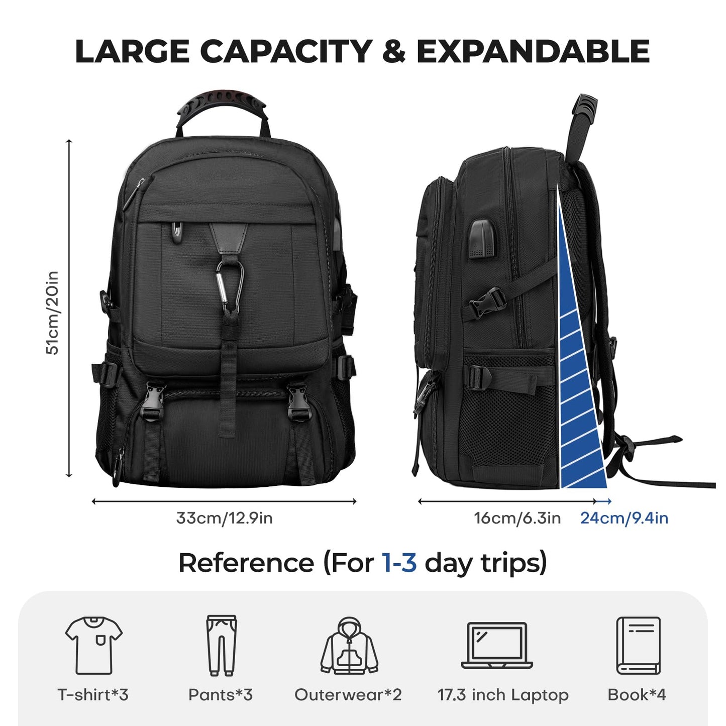 CIMALAY Travel Business Laptop Backpack with USB Charging Port and Shoe Pocket, College, Business and Hiking Camping, Black, M(Fits 4.92-5.91ft height), Classic