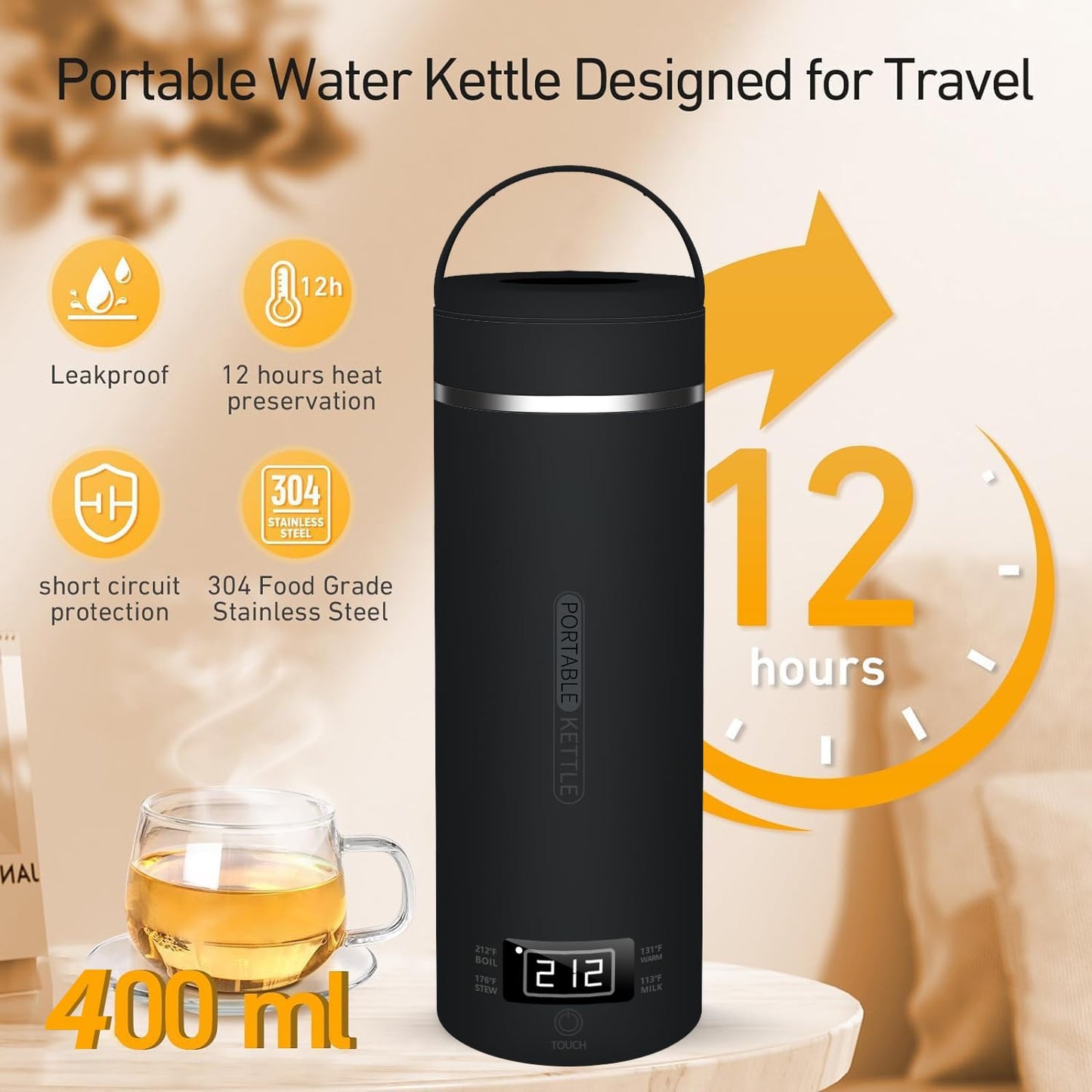 Travel Kettle Portable Electric Tea Coffee Kettle for Hotel,400ml Personal Hot Water Boiler 304 Stainless Steel, Leak-proof, with Cup Brush (Black)