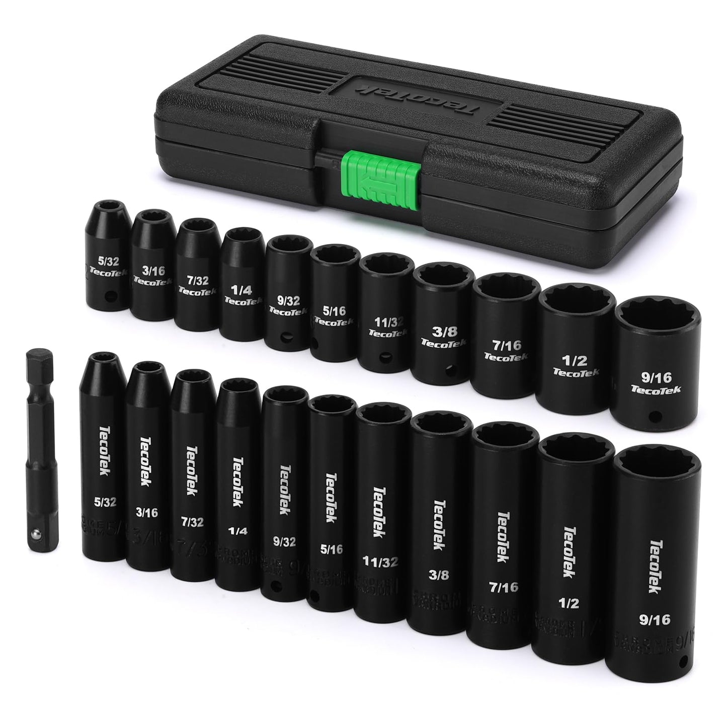 TecoTek 23 Pieces 1/4-Inch Drive Shallow and Deep 12-Point Impact Socket Set, CR-V, 5/32 to 9/16 in, SAE, 1/4"-1/4" Drill Adapter