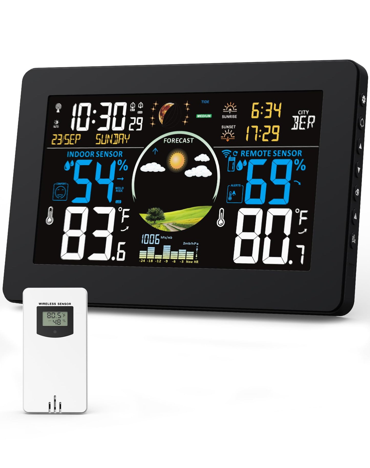 Zivron Weather Station Wireless Indoor Outdoor Thermometer, 7.5" VA Display with Remote Sensor, Home Weather Station with Weather Forecast, Temperature, Humidity, Atomic Clock, Moon Phase, Black
