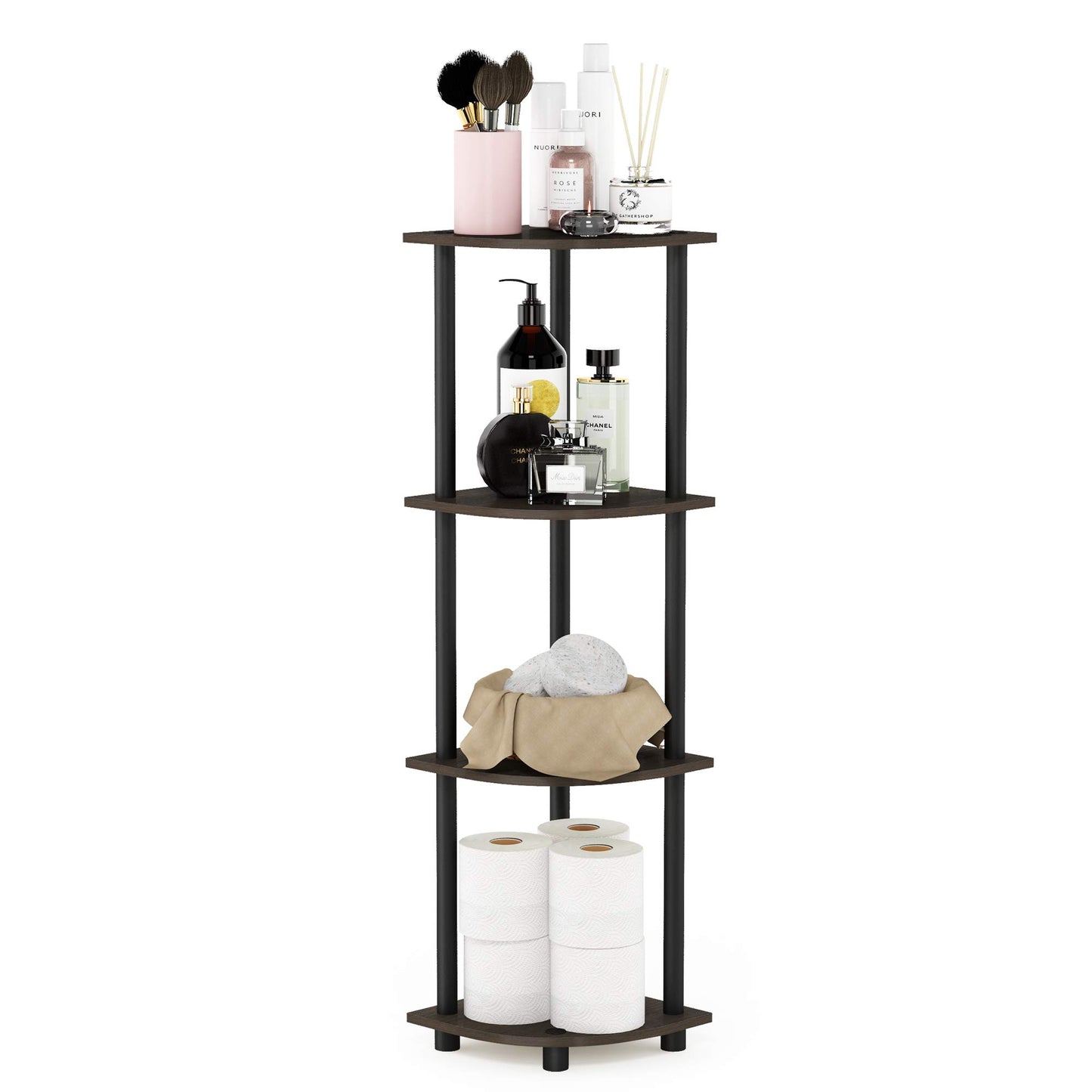 Furinno 12078DB-WG/BK Turn-N-Tube 4-Tier Corner Display Rack Multipurpose Shelving Unit, Dark Brown Grain/Black