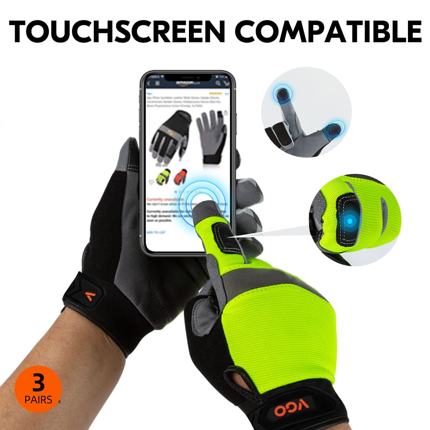 Vgo 3Pairs Safety Work Gloves,Builder Gloves,Gardening Gloves,Light Duty Mechanic Gloves(XL,Black+Fluorescence Green+Orange,SL7584)