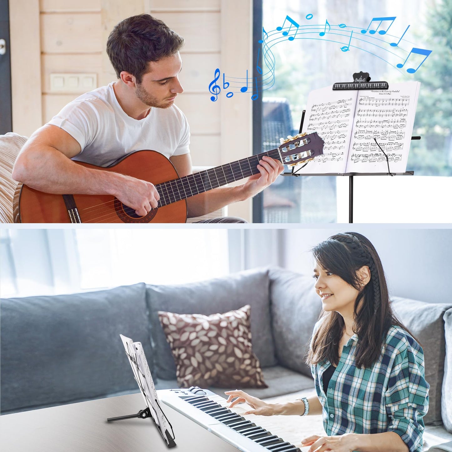 New bee 2 Pack Music Stand for Sheet Foldable with Carrying Bag, Metal Sheet Music Stand Portable, Adjustable Podium Stand with Tripod Base and Sheet Music Folder