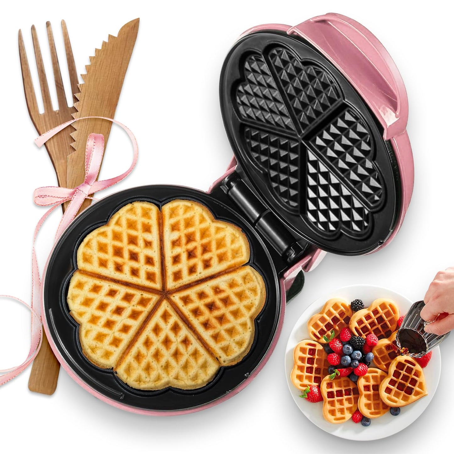 GVAKMM Waffle Maker(Heart),Small Waffle Maker Keto,Mini Wafflera Iron for Kids Family and Individuals,7'' Non Stick Cooking Plates with Fast & Even Heating