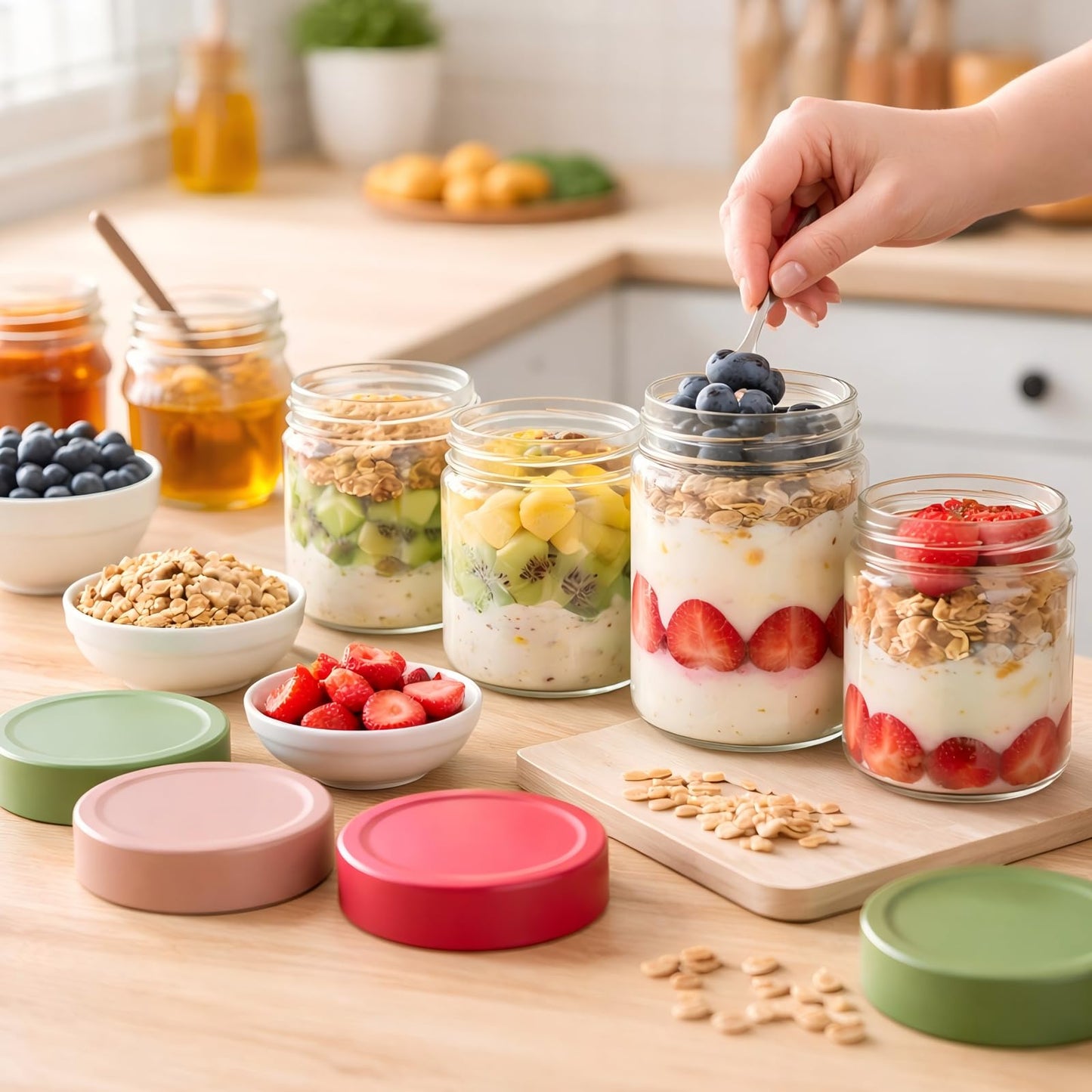 TBWIND 12 Pack 4oz 10oz 16oz Glass Jars with Lids, Wide Mouth Mason Jars, Overnight Oats Containers with Airtight Lids, Salad, Yogurt Storage, Chia Pudding, Snacks, Meal Prep, Sugar - Reusable