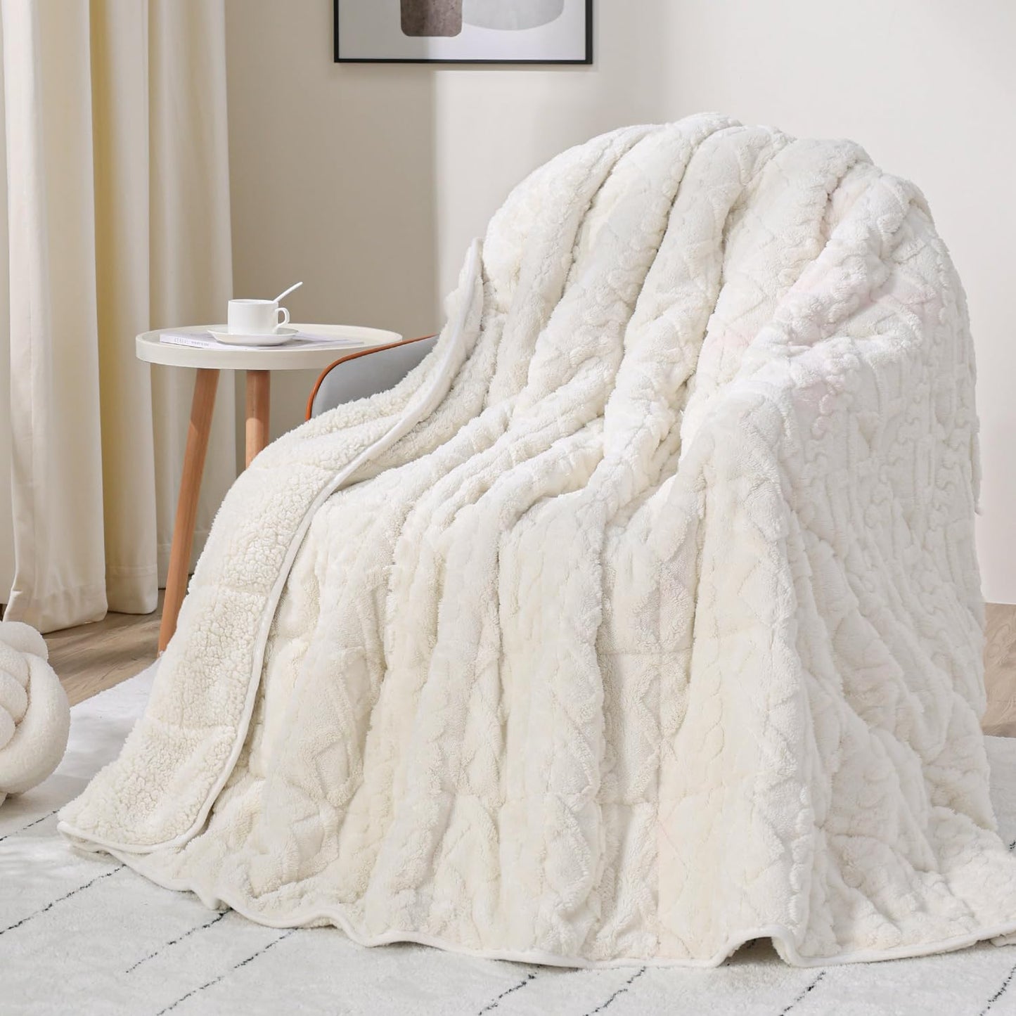 Weighted Blanket for Adults 15lbs, Drewin Soft and Thick Jacquard Sherpa Heavy Blanket for Calming and Relax, Dual Sided Ultra Soft Fuzzy Throw Blanket with Ceramic Beads, 60 x 80 inches, Cream White