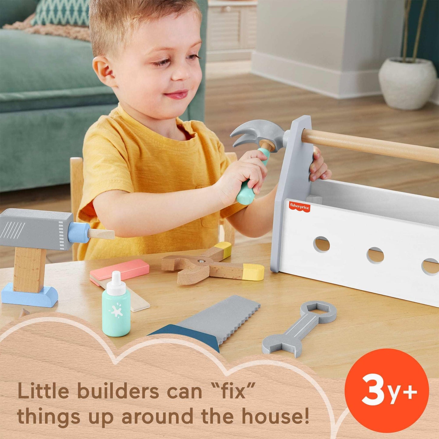Fisher-Price Wood Pretend Play Toy Tool Box with Drill, 9-Piece Wooden Set for Building Construction Play Preschool Kids Ages 3+ Years