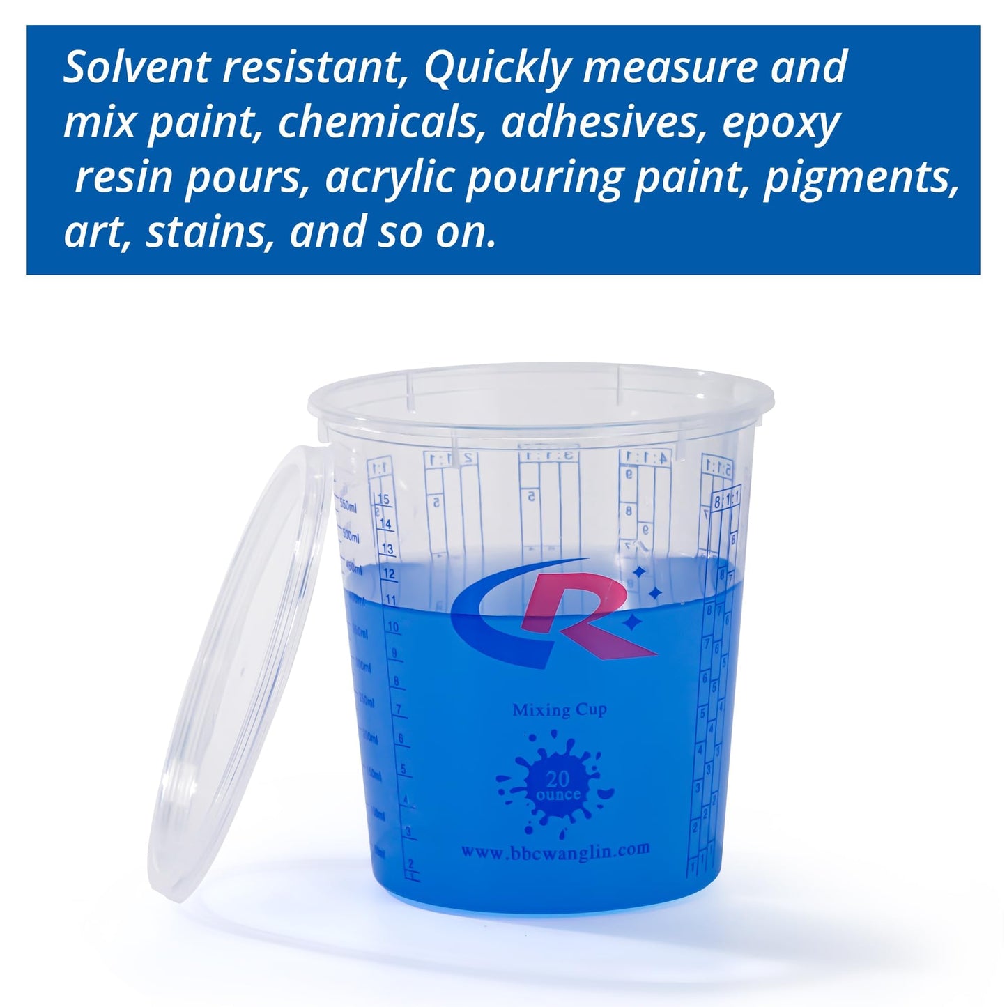 CR CHRWLIN 36Pack Paint Mixing Cups with 12 Lids, 20oz(680ml) Disposable Crystal Clear Plastic Cups with Measurement Marks, Leak-Proof for Automotive Paint, Epoxy Resin, DIY, Studio & Industrial Use