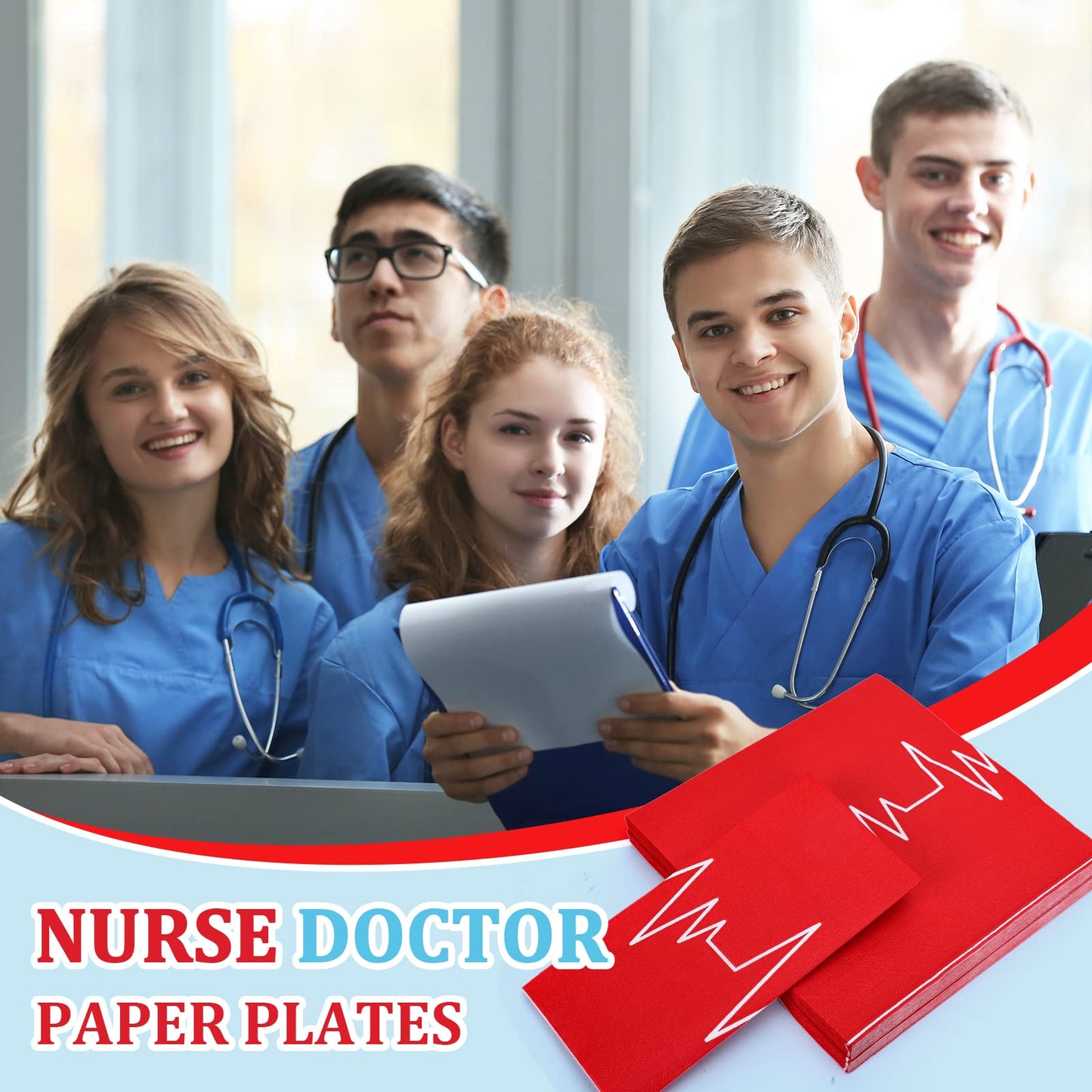 Whaline 80Pcs 2025 Nurse Graduation Tableware Set Red Heart Rate Prints Disposable Dinnerware Set 40Pcs Heart Shape Paper Plates 40Pcs Lunch Napkins for Doctor Nurse Graduation Party Supplies