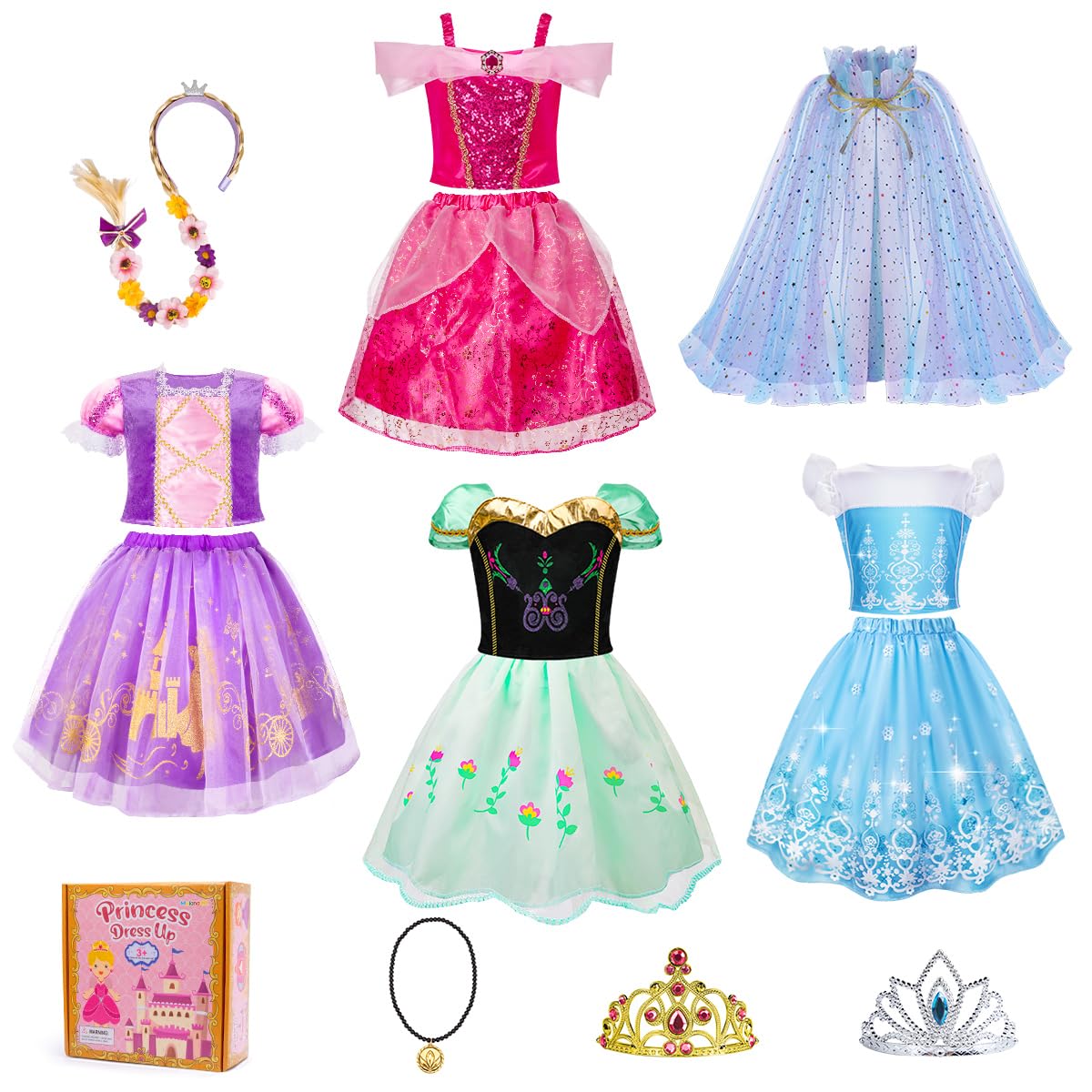 Meland Princess Dress Up for Girls, Dress Up Clothes for Toddler Kids with Princess Cape, Gifts & Toys for Girls Age 3-6