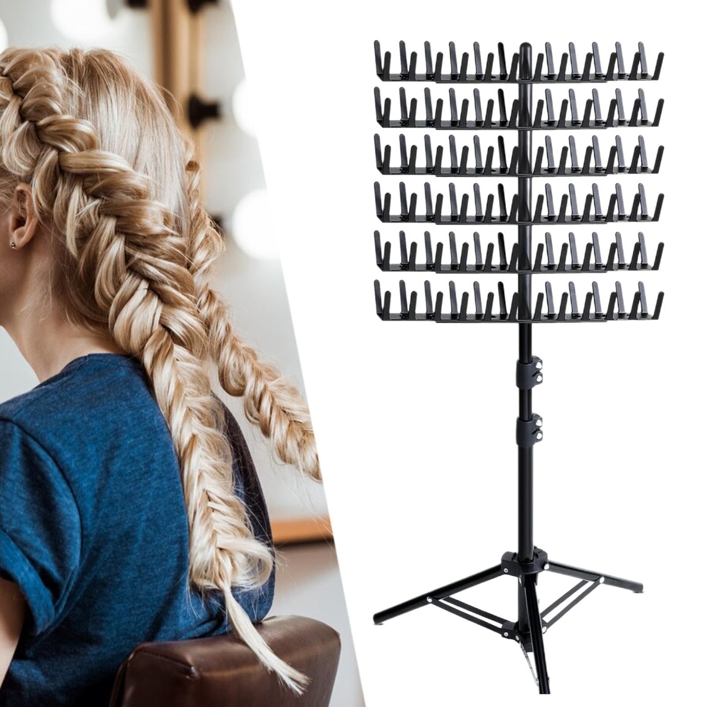 Braiding Hair Rack Standing for Braiding Hair,144 Pegs Adjustable Height,Braid Rack Standing,Braid Rack for Braiders Stylists, black