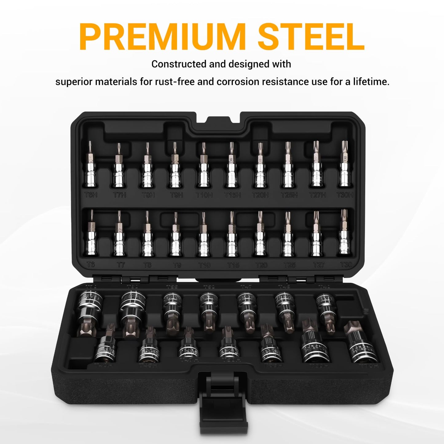 DEKOPRO 34PCS Torx Bit Socket Set, Star Bit Socket Set, Premium S2 Alloy Steel and Cr-V Steel, Solid Star & Tamper Proof T6 ~ T70, SAE Drive Bits with Storage Case