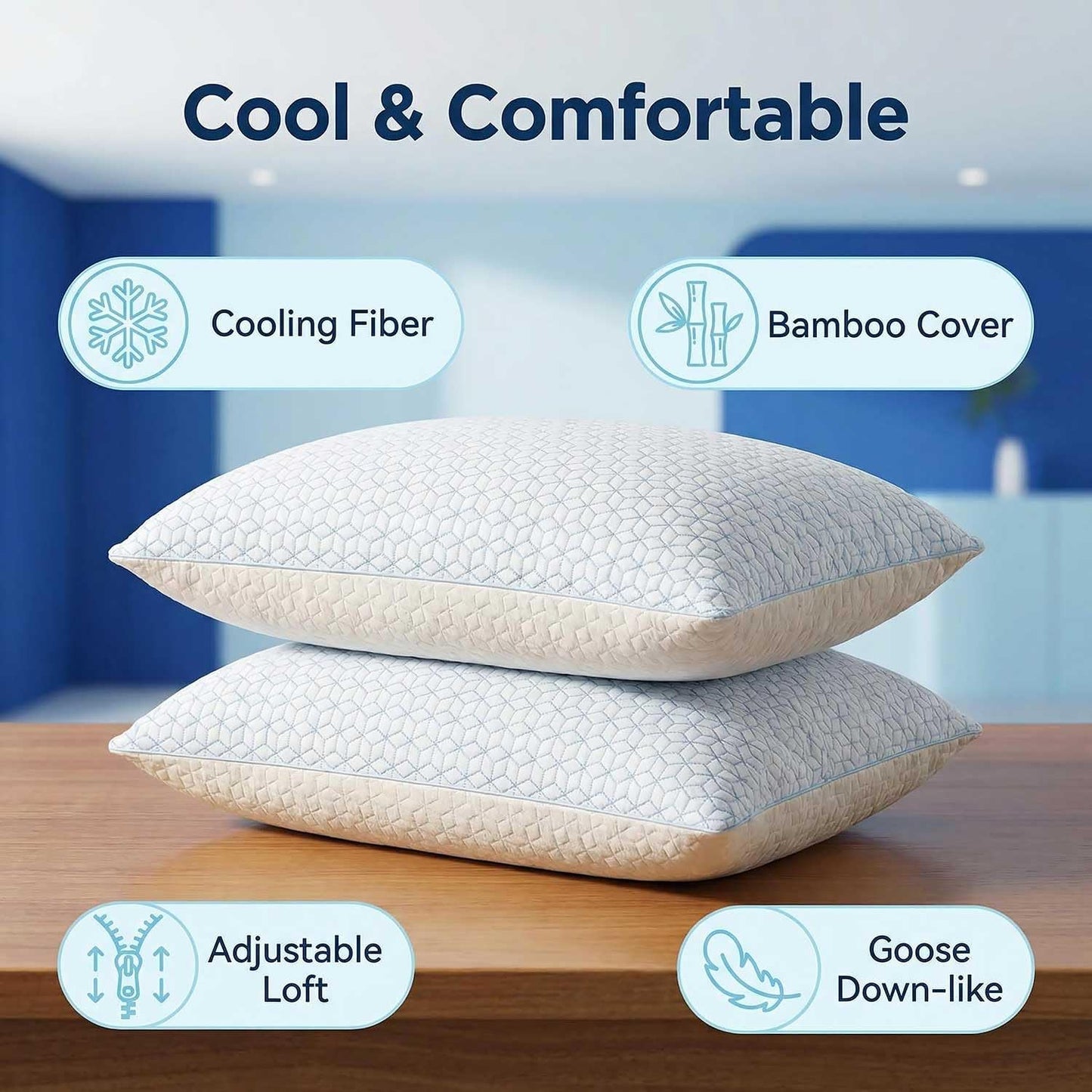 Faux-Goose Down Pillows Standard/Queen Size Set of 2, Cooling Soft Fluffy Pillows with Zippered Removable Cover(Rayon Drived from Bamboo Fabric) for Side Back Stomach Sleepers