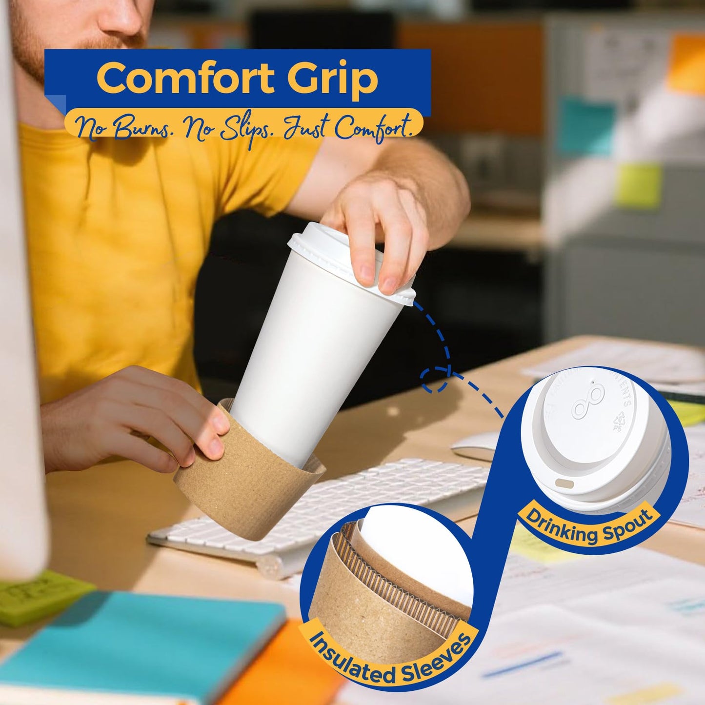 Fit Meal Prep 50 Pack 16 oz Disposable Coffee Cups with Lids, Sleeves, Leak-Proof To Go Coffee Cups with Lids, Durable Hot Paper Cups for Home, Office, Party, Business
