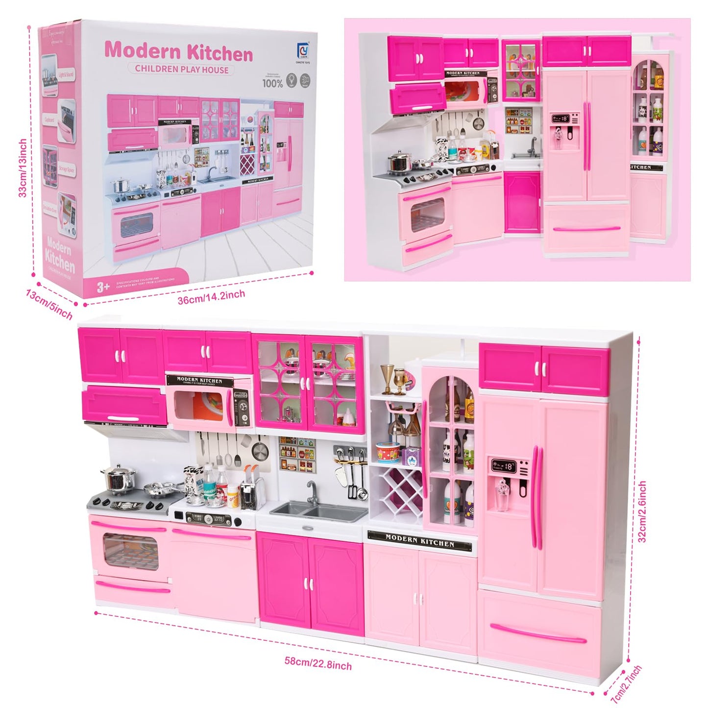 91 Pcs Doll Kitchen Playset for Kids, My Modern Mini 5-in-1 Kitchens House Furniture for 11.5 Inch Girl Dolls Pretend Play Kitchen Toy Accessories for Kids Doll Dreamhouse Set for Dolls