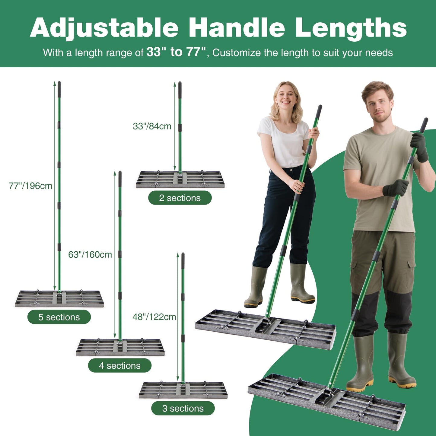 30"x10" Lawn Leveling Rake, Heavy Duty Lawn Leveler with 33"-77" Adjustable Handle, Foldable Ground Leveling Tool for Soil, Sand, Gravel, Ergonomic Design for Lawns, Golf Courses and Backyards