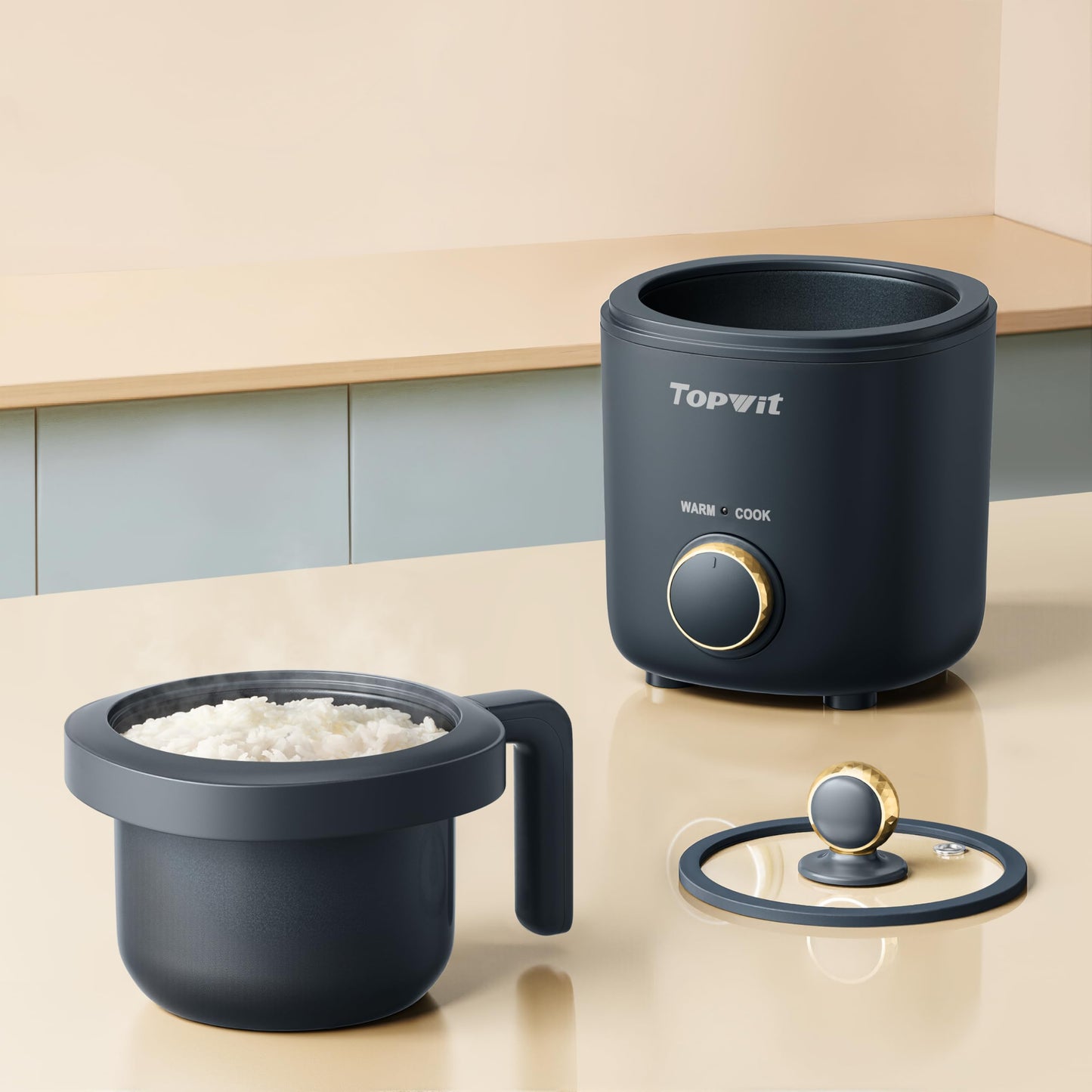 TOPWIT Rice Cooker Small, 2-Cups Uncooked, 1.2L Mini Rice Cooker with Non-stick Coating, BPA Free, Portable Rice Maker with One Touch & Keep Warm Function, Grey
