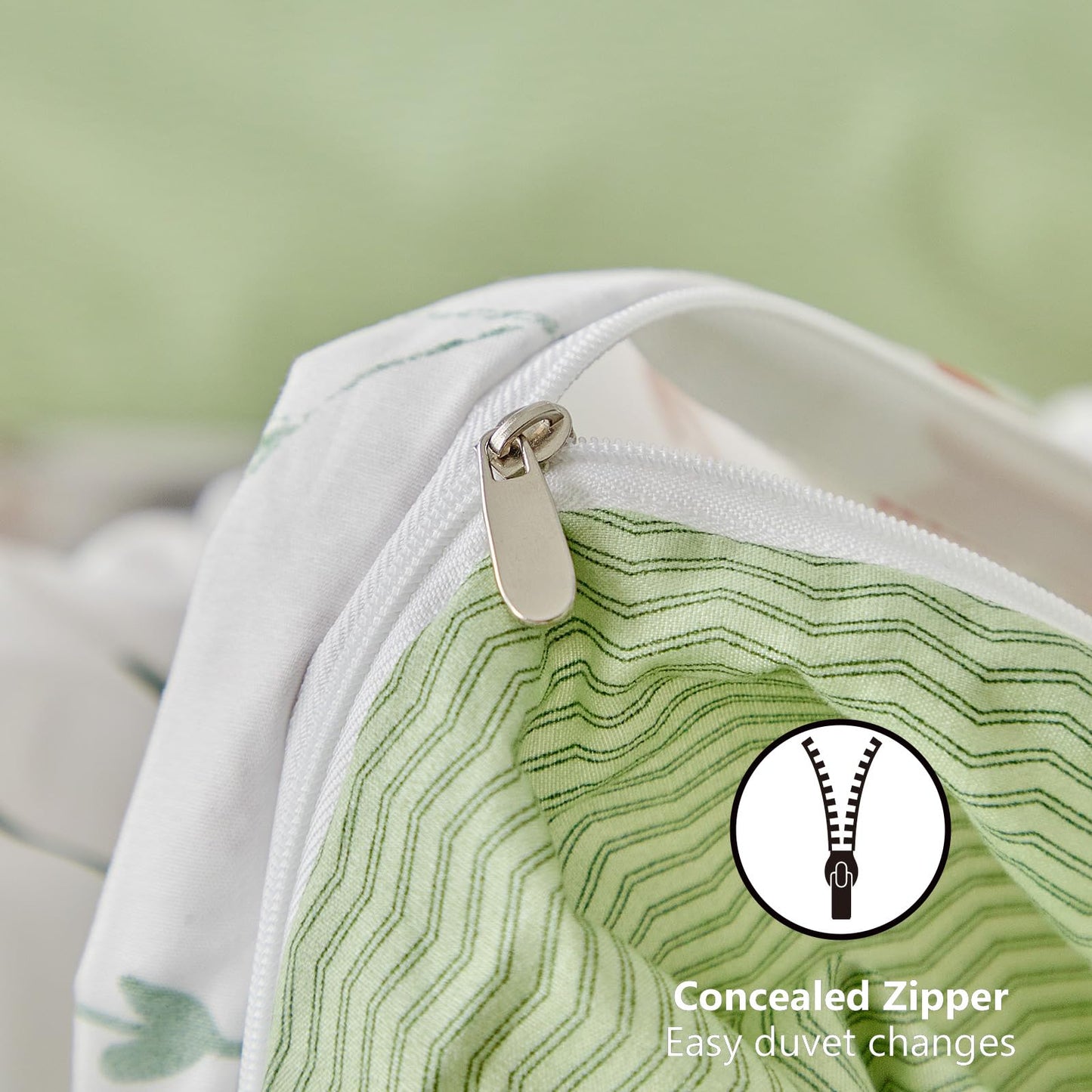 Duvet Cover Queen, Floral Duvet Cover, 3 Piece Breathable Queen Duvet Cover Set with Zipper Closure, 4 Corner Ties, (90x90 Inch, Green/White)