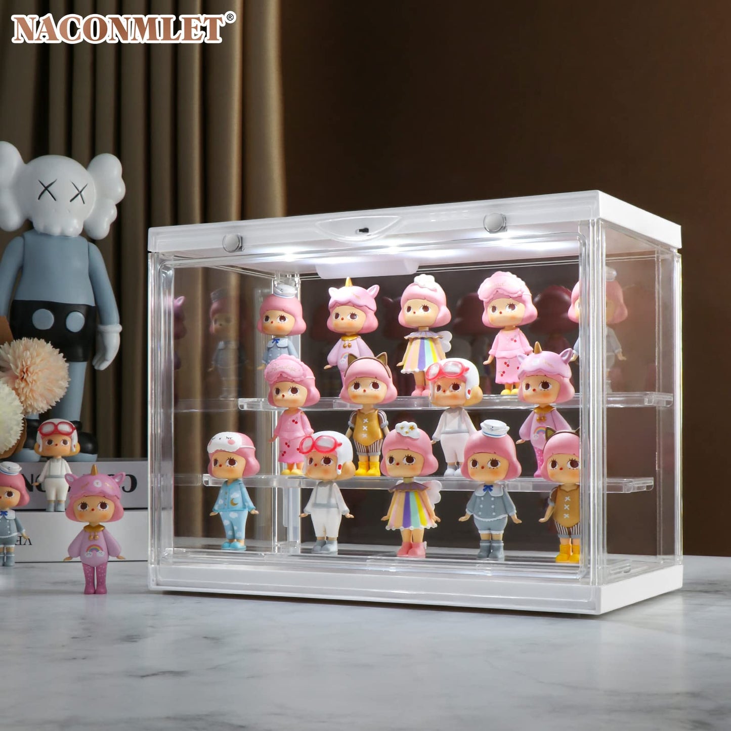 Naconmlet Clear Display Case for Action Mini Figures Funko Pop Shelf,Detachable Shelve Stackable Showcase Dustproof with Led Light for Protect Your Collectible