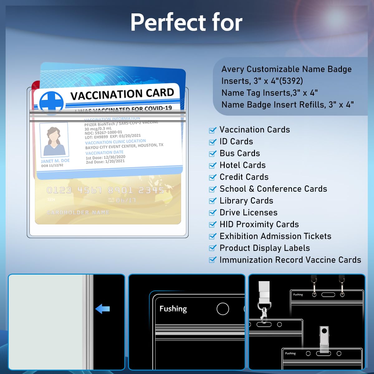 Fushing 50Pcs Extra Thick ID Badge Holders, Exclusive Double-Deck 3x4 Clear Plastic Horizontal Name Tag Badge ID Card Holders, Single Layer Thickness 0.4mm Thicker 60% Than Standard 0.25mm
