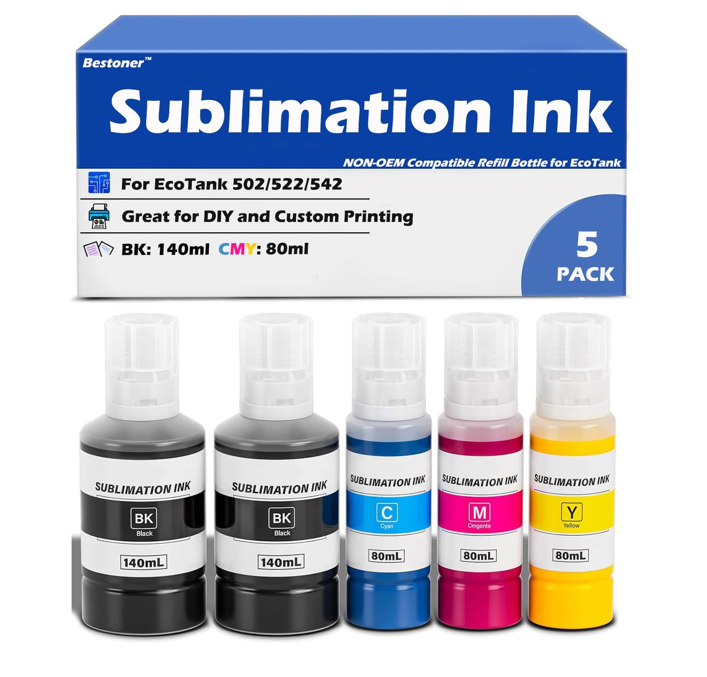 Sublimation Ink Compatible with Epson EcoTank Printers for Heat Transfer Printing, Sublimation Dye Ink for ET-2720 ET-2760 ET-2800 ET-2850 ET-3710 ET-3760 ET-4760 (5 Pack - Total 520ML)