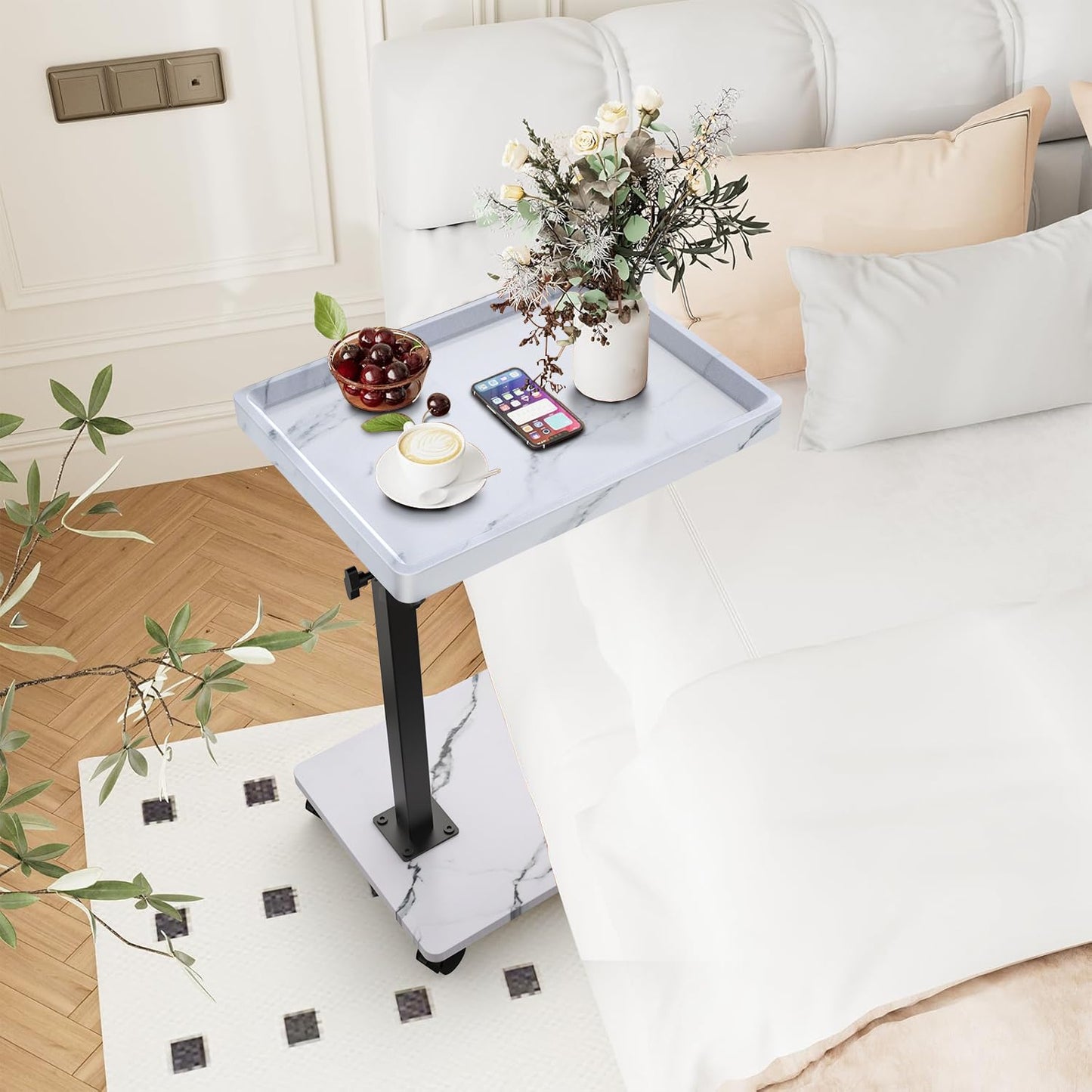 C Shaped End Table Adjustable Height, 360°Swivel TV Tray Table for Small Spaces, Rolling Couch Side Tables for Living Room, Bedroom, Bedside, Chair, Sofa, Snack (White)