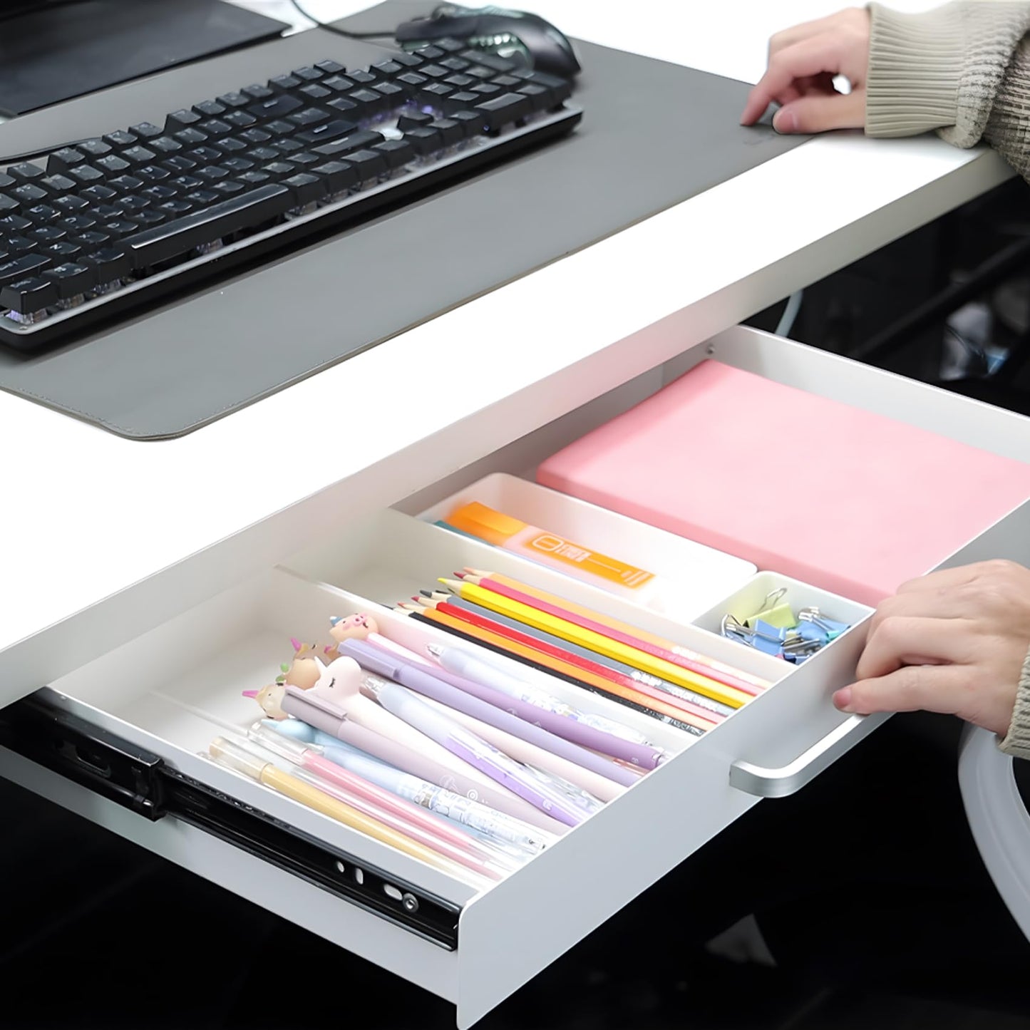 OSteed Under Desk Drawer White 54cm with 4 Divider Trays, Metal Pull Out Storage Drawer for Workbench, Standing Desk Drawer Attachment, Attachable Desk Organizer, Under Shelf Pencil Drawer Slide-out