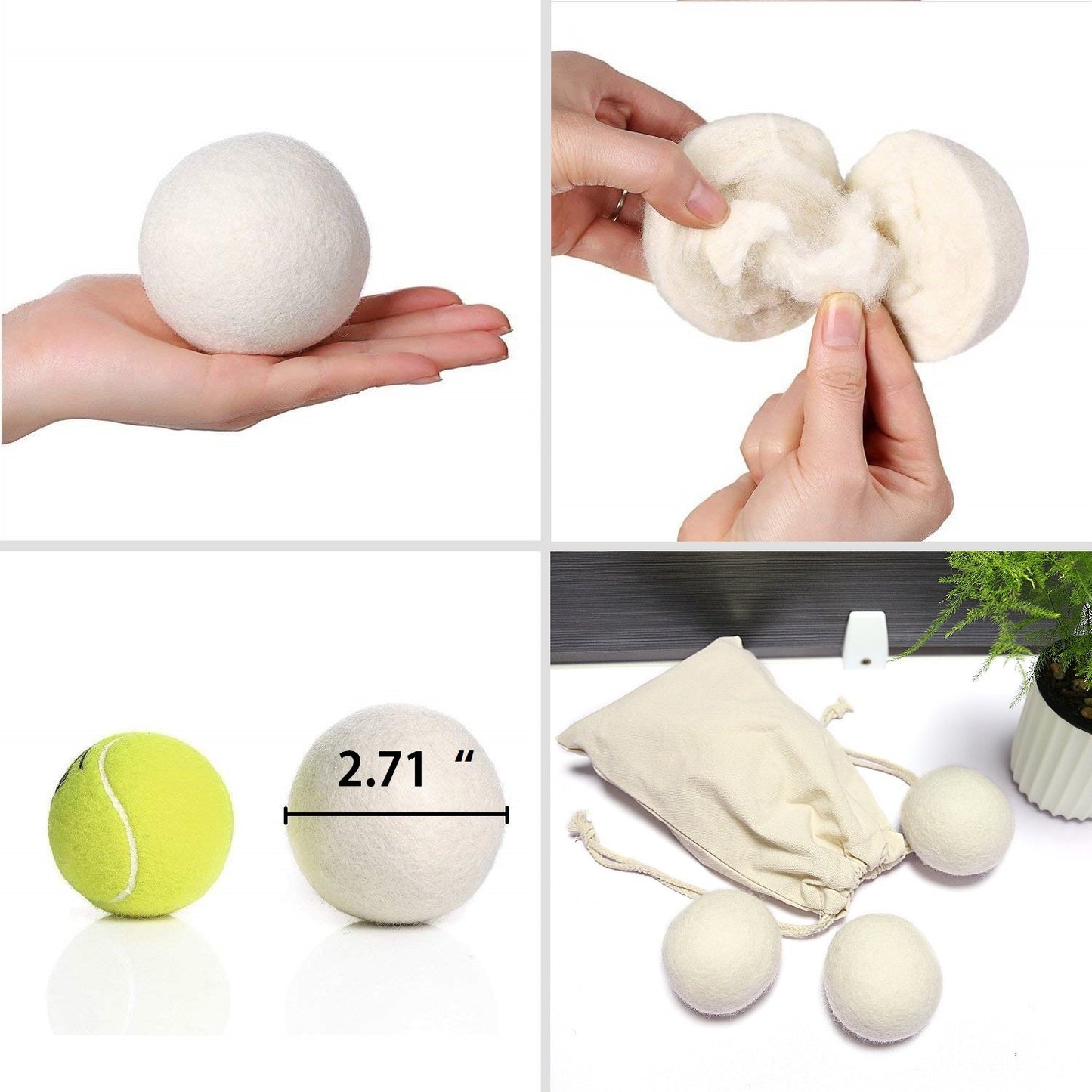 Dryer Balls-All Natural Wool - Chemical Free Natural Fabric Softner, Fabric Softner Alternative Reusable (6 Pack) (White)