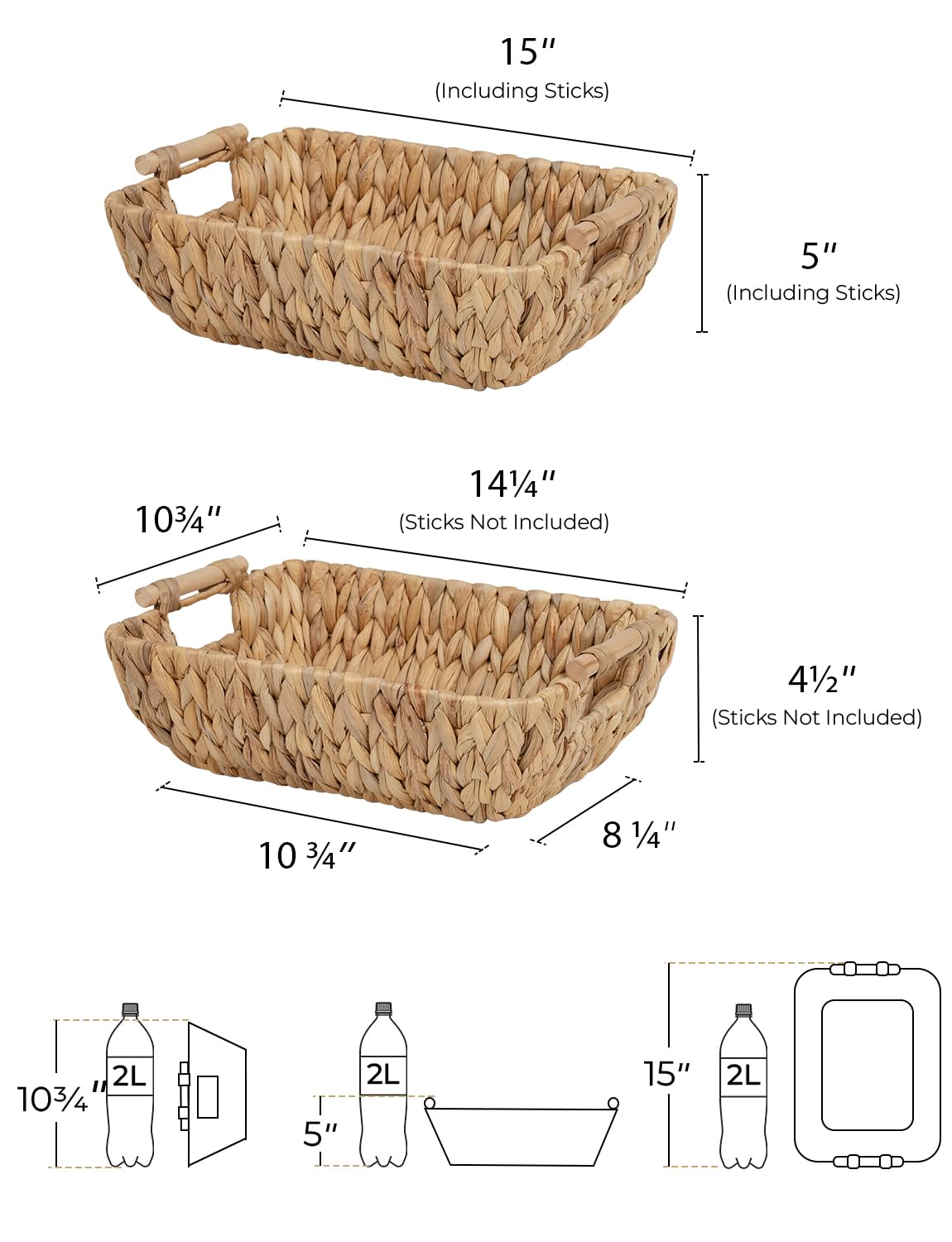 StorageWorks Hand-Woven Large Storage Baskets with Wooden Handles, Water Hyacinth Wicker Basket for Organizing, 2-Pack