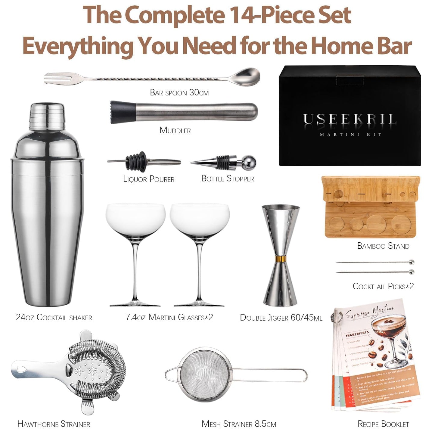 USEERIL Espresso Martini Kit Gifts Set with 2 Glasses,Mixology Bartender Kit,Cocktail Shaker Set with Bamboo Stand for Drink Mixer,Bar Set for House Warming Gifts,Home bar,Party Favors