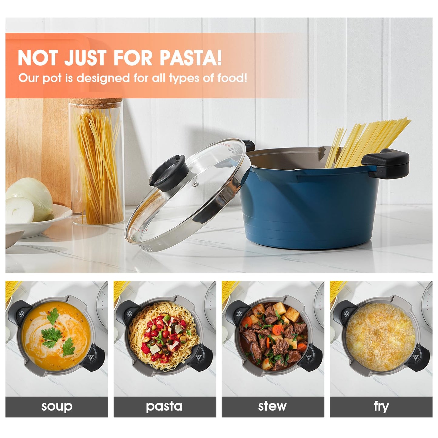 ACTIV CUISINE 5qt Pasta Pot with Strainer Lid, Cast Aluminum Stockpot Multipot, Nonstick Ceramic Coating make Cleanup easy with Tempered Glass Lid, Dishwasher Safe, Induction, Blue