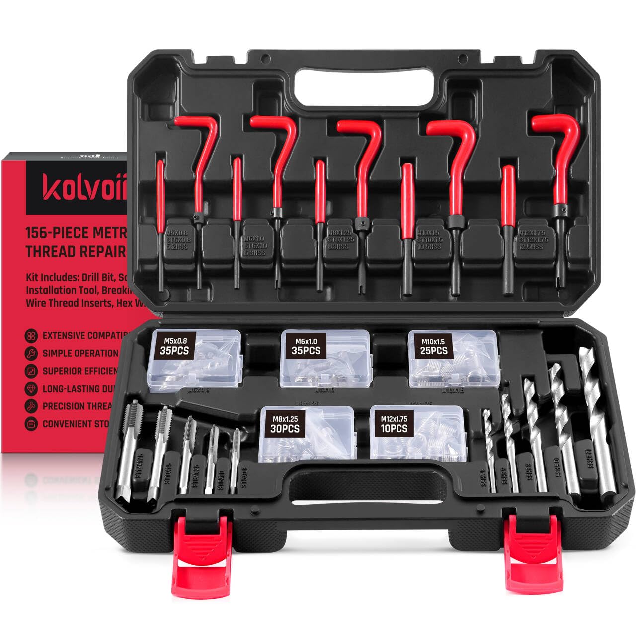 Kolvoii 156-Piece Metric Helicoil Thread Repair Kit, M5 M6 M8 M10 M12 Professional Helicoil kit with HSS Drill Bit, Taps & Stainless Steel Inserts for Stripped Thread & Bolt Thread Repair