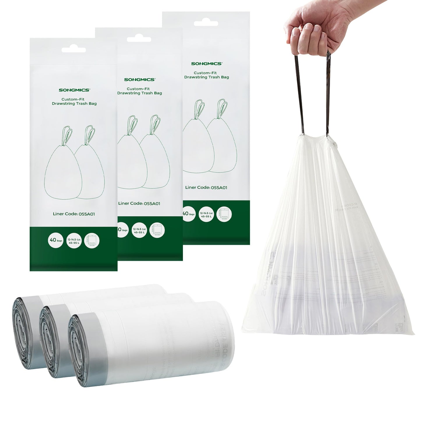SONGMICS Trash Bags for 12-14.5 Gallon (45-55L) Trash Cans, 120 Count Drawstring Kitchen Garbage Bags, Pre-Separated, Liner Code 055A01, 3 Rolls,White UKRB055A03