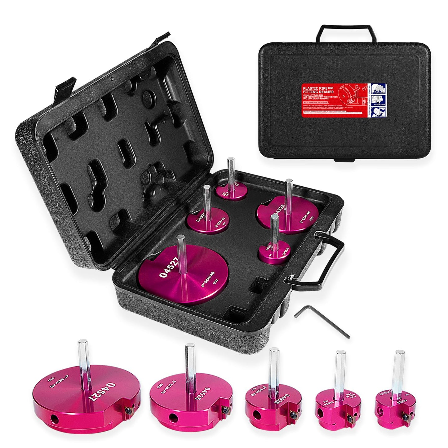 5-Piece Plastic Pipe Reamer Tool Kit for PVC, CPVC & ABS Fittings,Includes 1.25", 1.5", 2", 3", 4" Reamers,Compatible with Standard 1/2" Drills,3/8" Hex Shaft, for Exhaust, Drain, Water Pipes Cleaning