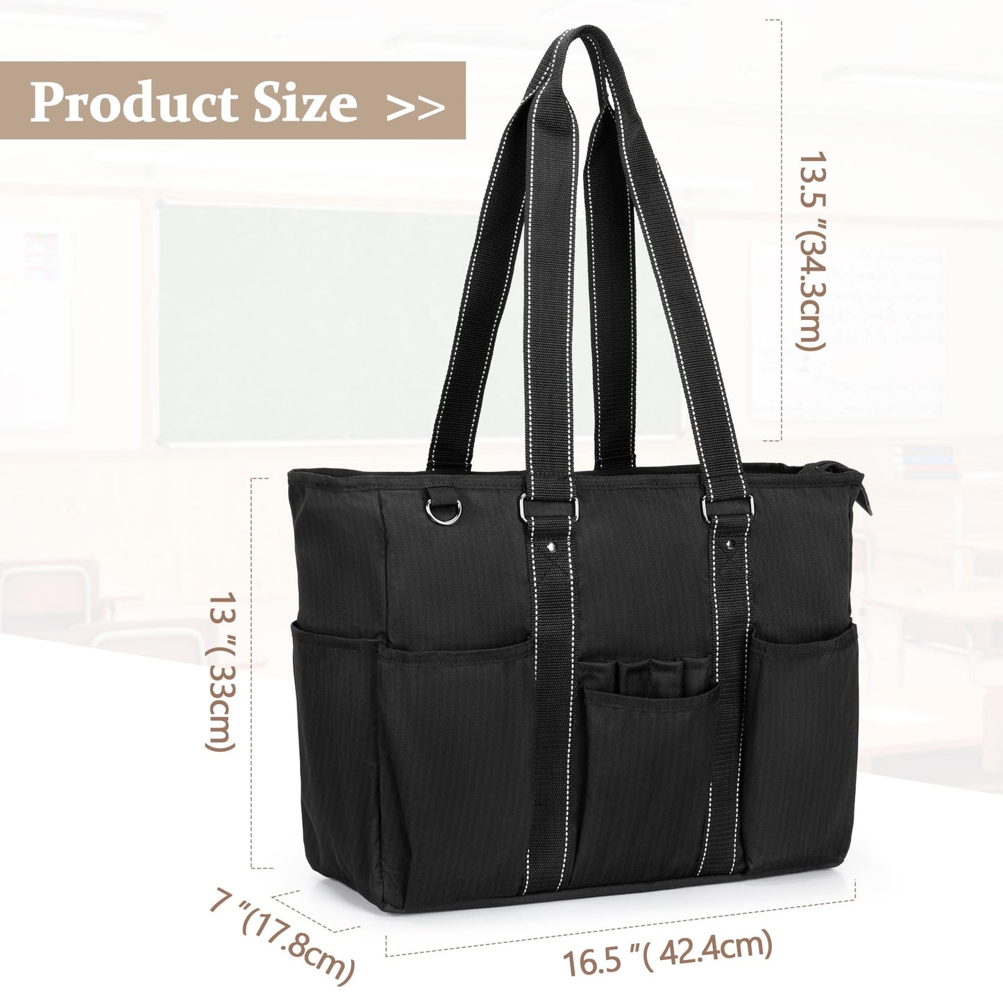Damero Teacher Tote Bag with Padded Laptop Sleeve, Teacher Work Bag Utility Bag for School, Black