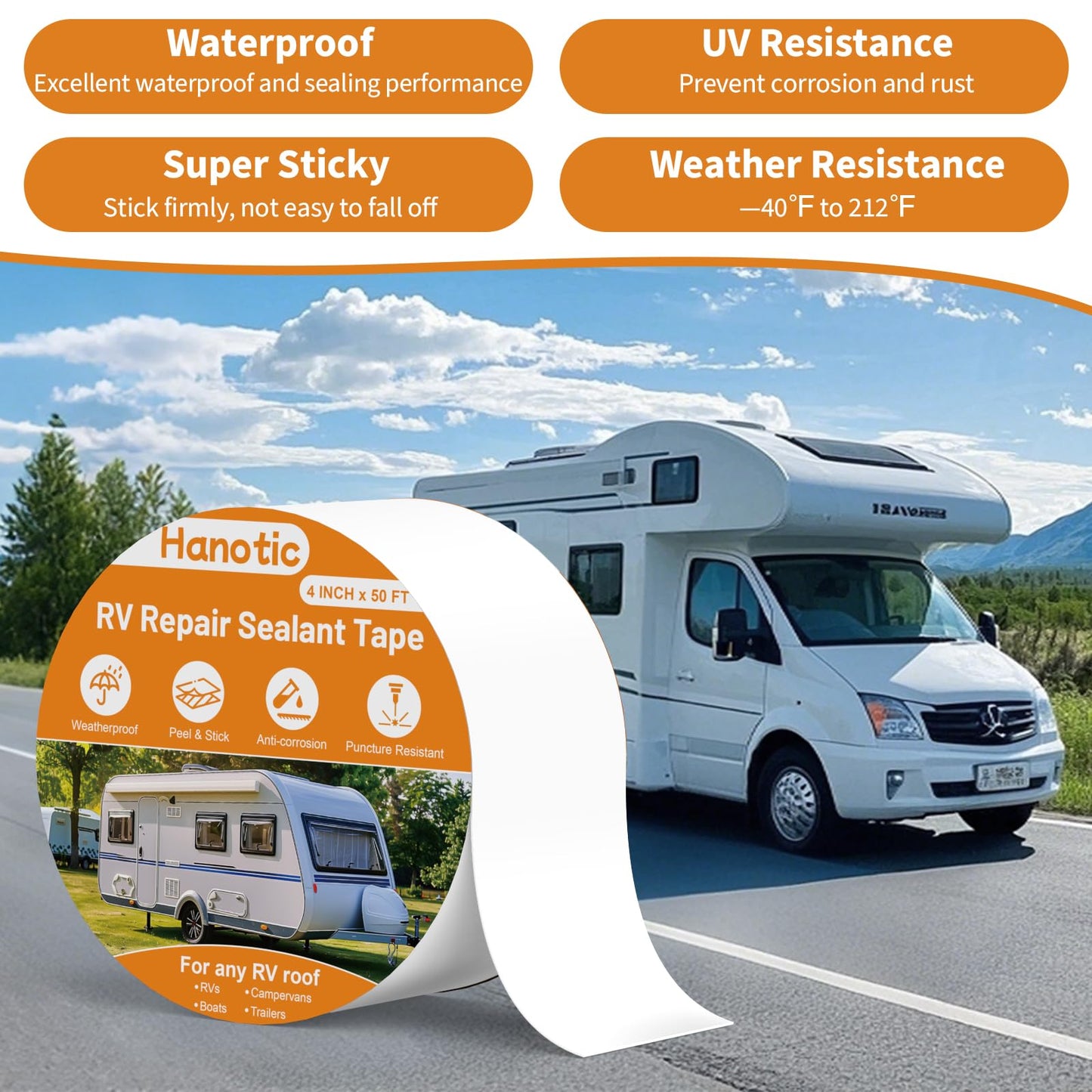 Hanotic RV Roof Tape with Roller, 4 Inch x 50 Feet Sealant Repair Tape, UV Resistant & Weatherproof for RV Repair, Camper, Trailer, Boat Sealing, Leaking Roof, Window (White)