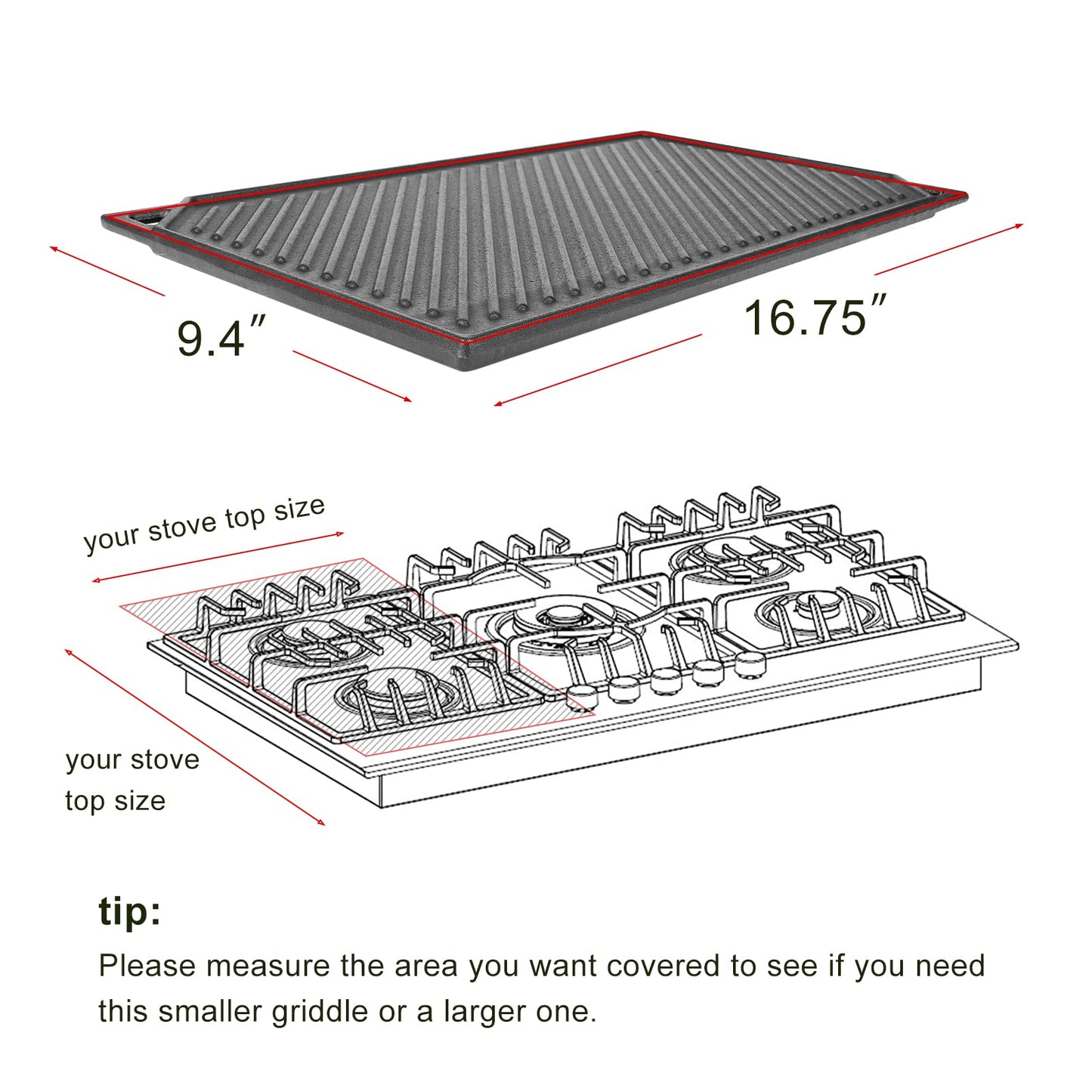 Utheer 16.45'' x 9.45'' Cast Iron Griddle, Nonstick Reversible Griddle for Gas Grill, Cast Iron Griddle Plate for Gas Stove Top, Oven, Outdoor Grill or Campfire, 1 Piece