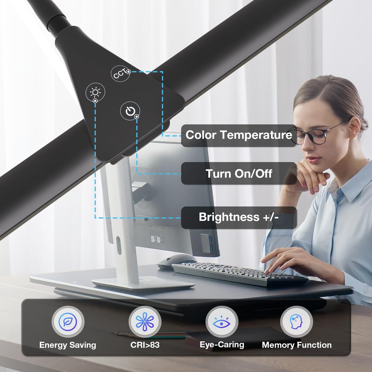 Hensam Desk Lamp for Office Home-Double Head Led Desk Light, Touch Control Dimmable 5 Brightness Levels 5 Color Modes, Eye-Caring Architect Desktop Lamp for Reading/Workbench/Study [12W,Black]