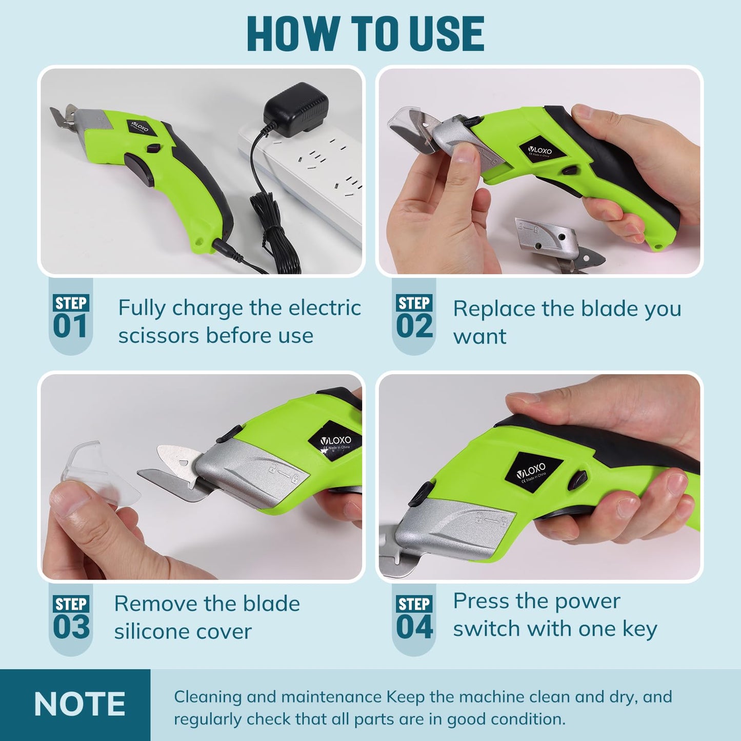 Cordless Electric Scissors, VLOXO Cardboard Cutter Electric Fabric Scissors with Replace Blade Rechargeable Powerful Fabric Cutter for Crafts Leather Carboard Carpet Plastic Felt with Case Green