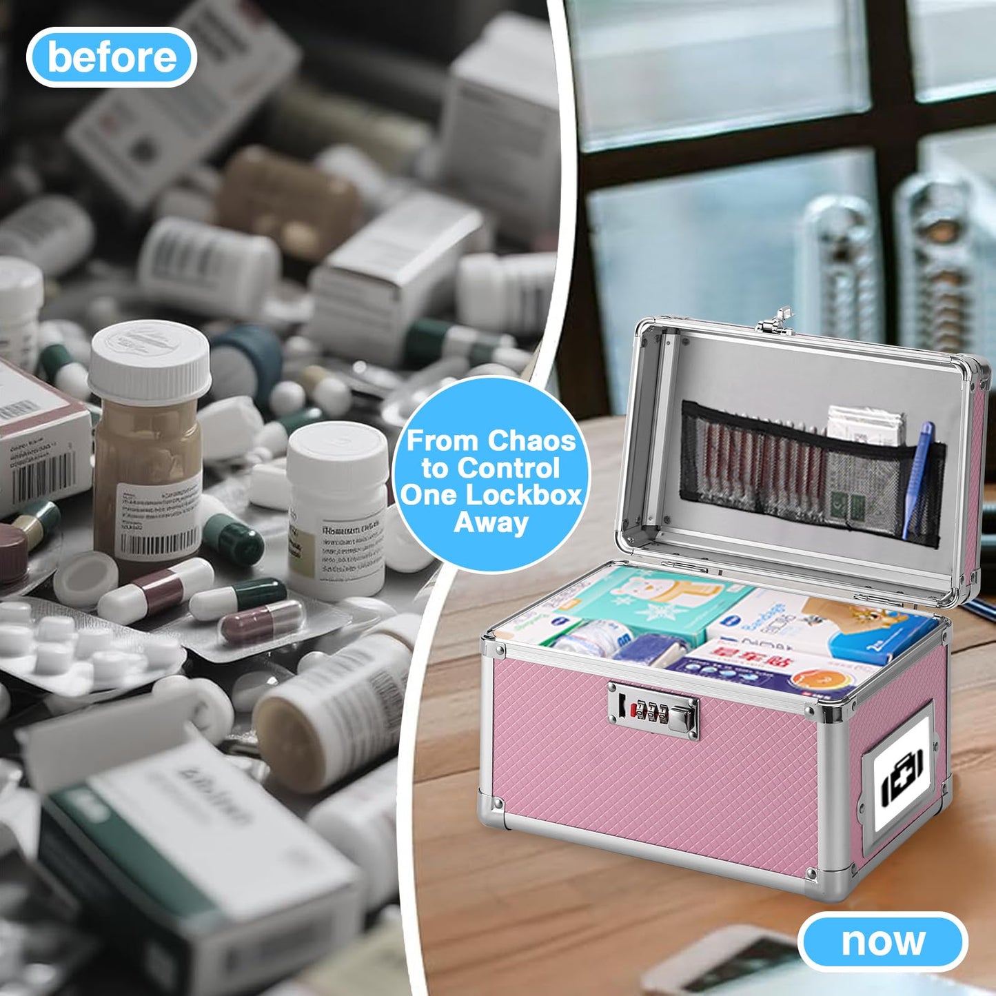LOCKCURX Medication Lock Box, 11.2 x 7.6 x 7.12 Inch Lockable Storage Box, Portable Lockable Storage Box for Medicine, Cash & Valuables, Medicine Lock Box with Label Slot for Home, Office & Travel