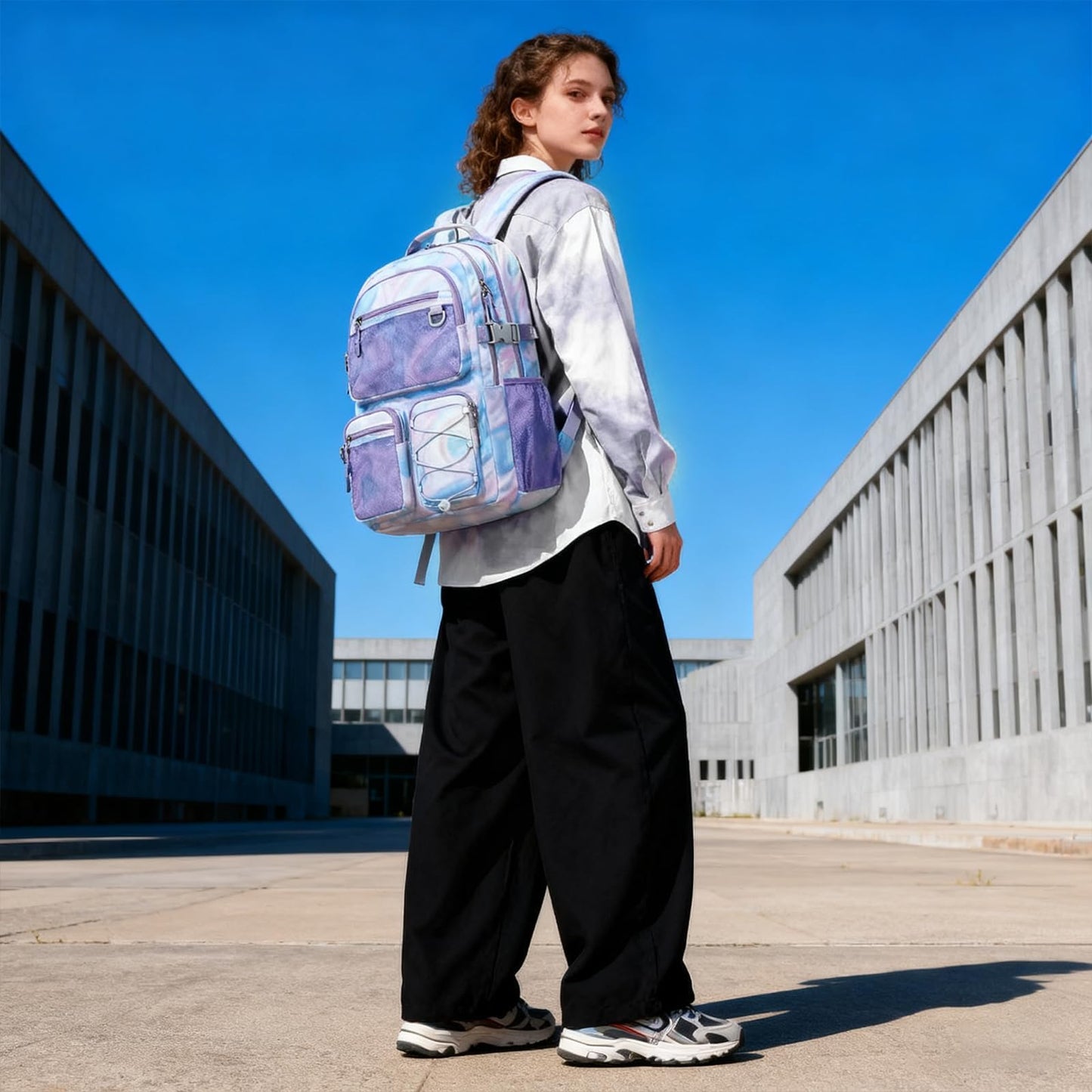 Lohol Multi-Pocket Backpack for Travel College, Heavy Duty Big Bookbag with 15.6 inch Laptop Compartment (Purple Galaxy
