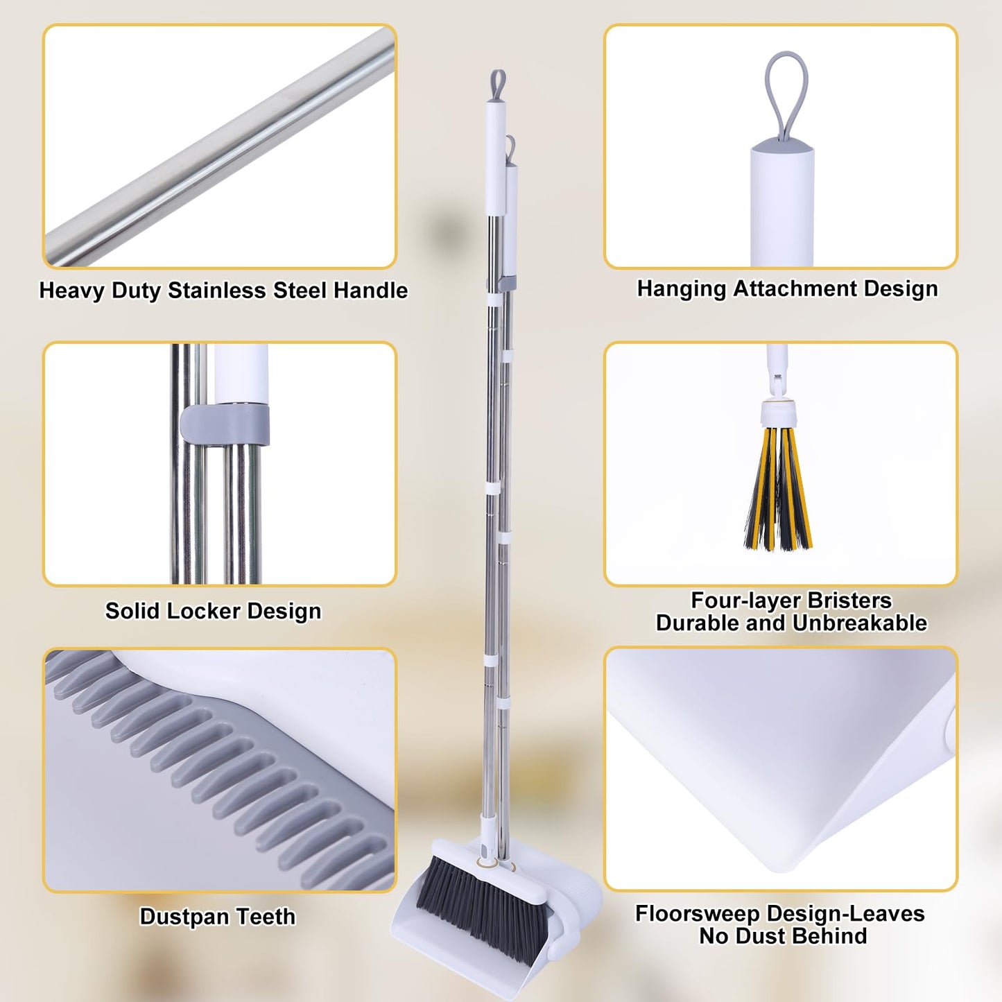 Upgrade Broom with Dustpan Combo Set with Ergonomic Adjustable Handle, Cleaning Teeth, Ideal for Pets, Indoor and Outdoor Sweeping（White）