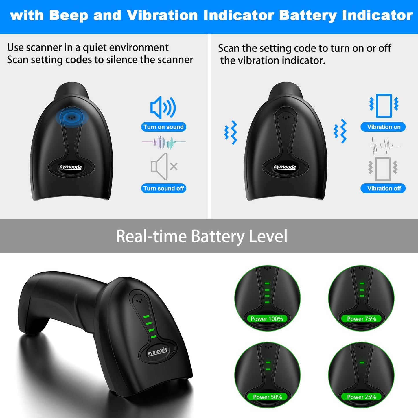 Symcode Upgraded Wireless 2D Barcode Scanner with Auto-Sensing Stand,Putting on Stand to Scan Automatically Sense Scanning Bluetooth Barcode Scanner with Battery Level Indicator More-to-one Mode