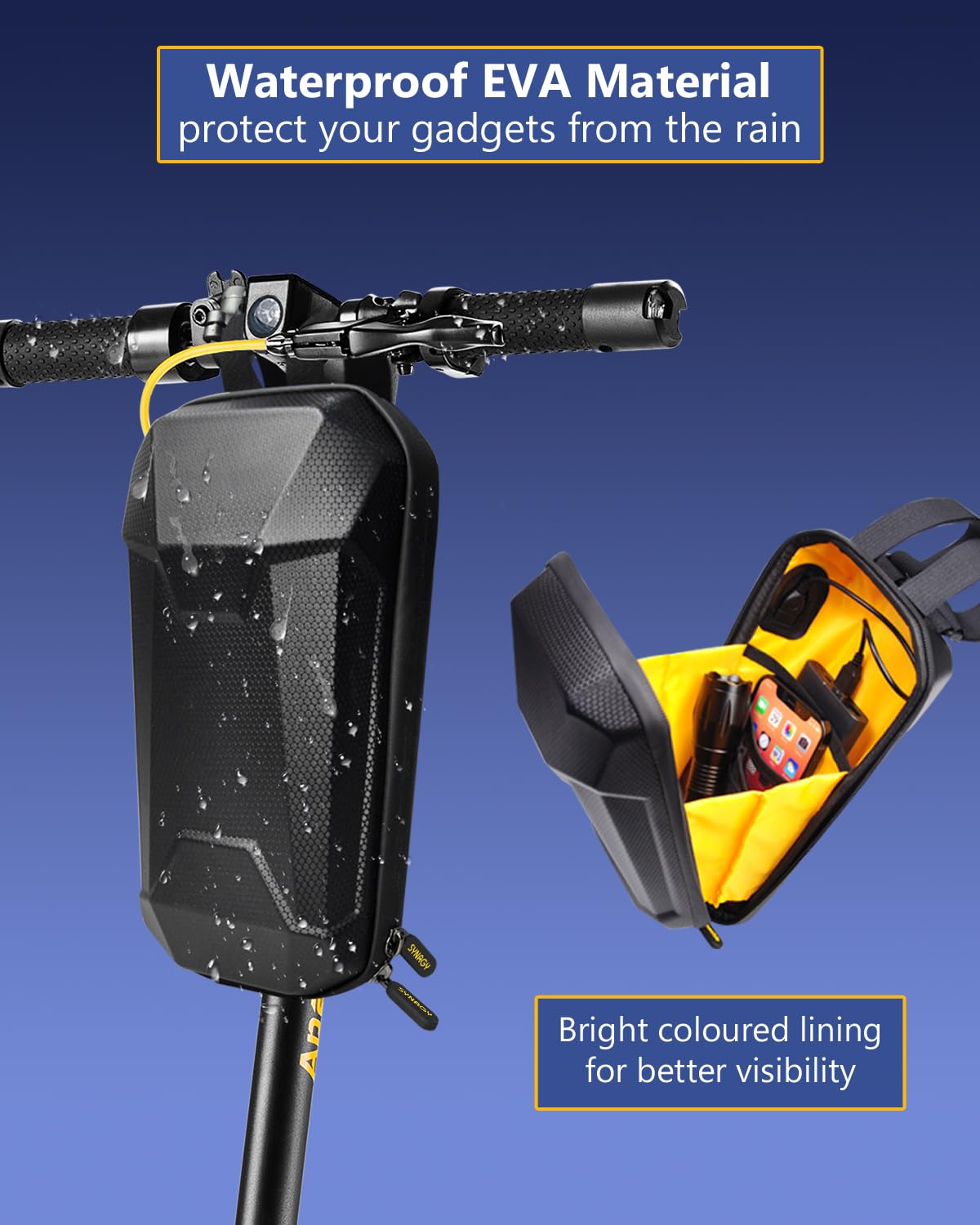 Scooter Storage Bag with USB Charging Port, Adults Electric Scooter Handlebar Bag, Waterproof Front Hanging Bag for GYROCOPTERS/ECOROAD/EVERCROSS/Gotrax/Hiboy Scooter Accessories, 4L EVA Hard Shell