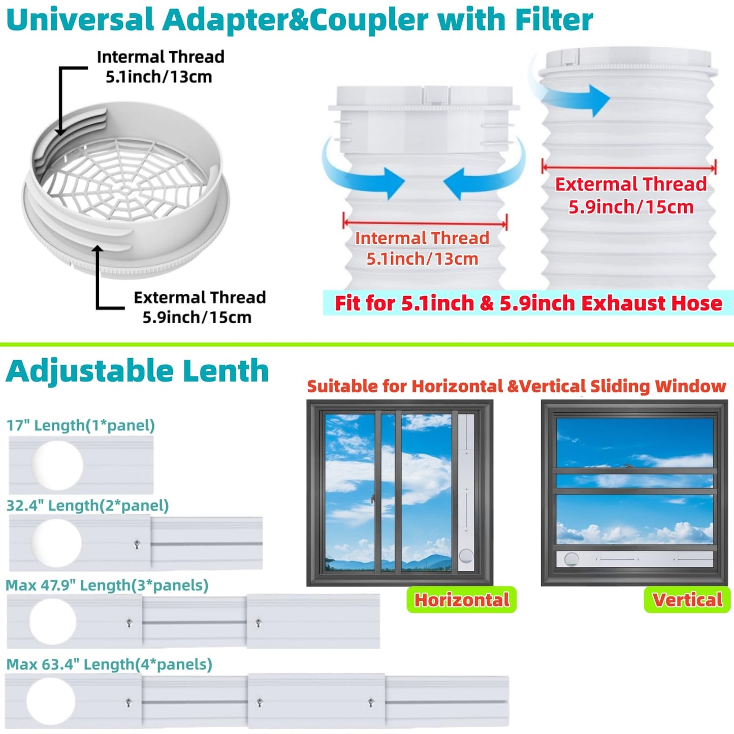 2026 New Portable Air Conditioner Window Vent Kit with Coupler & Rain Cover for 5.1"/5.9" AC Exhaust Hose, Adjustable Length 17" to 63", AC Exhaust Seal Kit for Horizontal & Vertical Sliding Windows