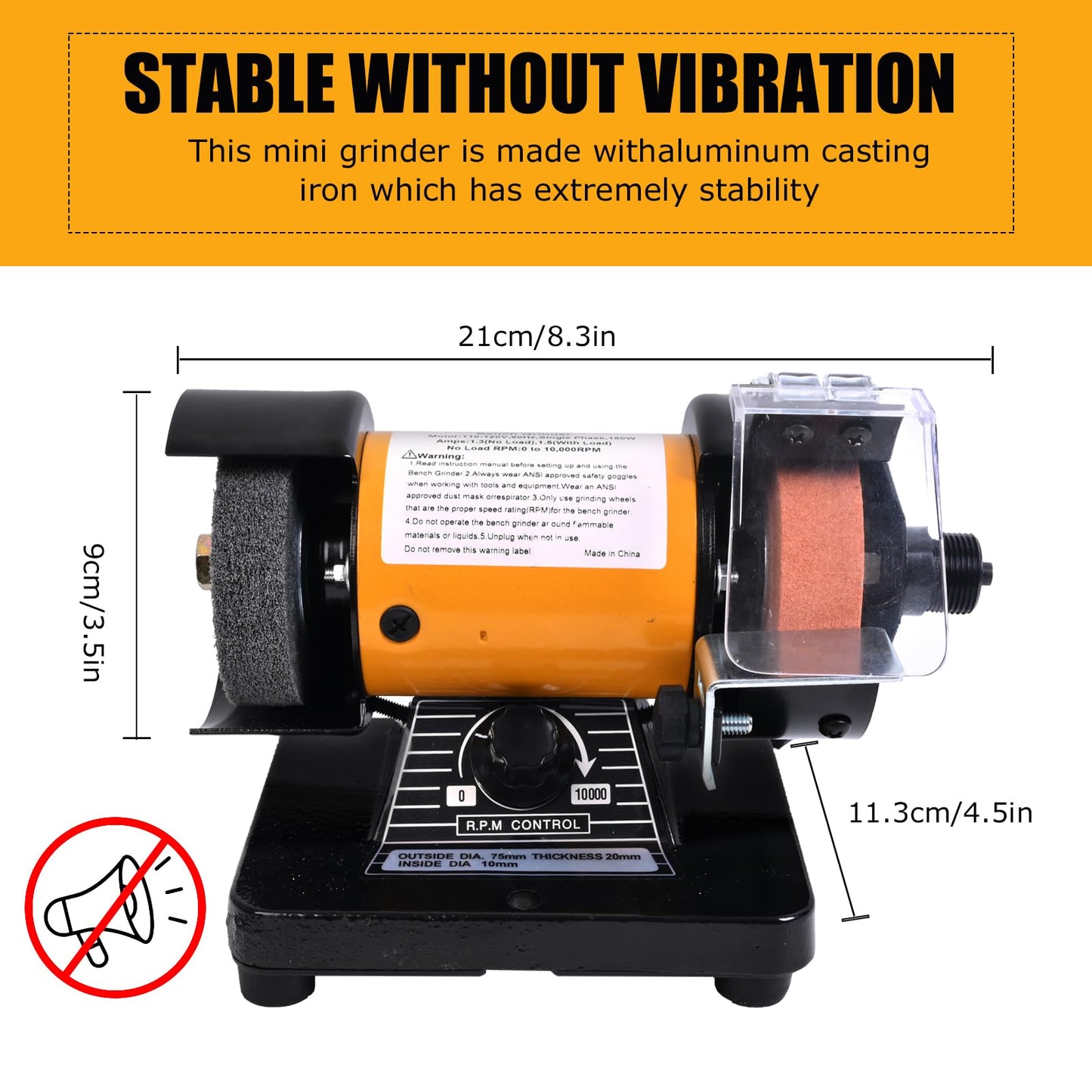 Vevitts Mini Multi Purpose 3" Bench Grinder and Polisher with Tool Rest and Safety Guard, 31" Long Flexible Shaft, Variable Speed Dial 0-10000 RPM, 110V 150W