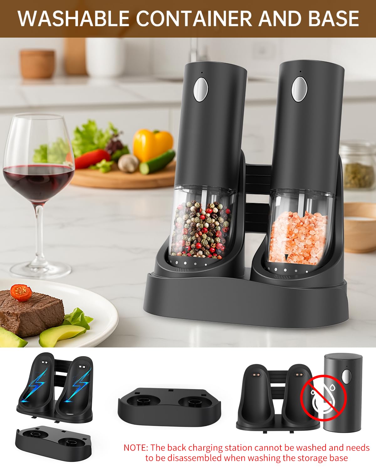 CIRCLE JOY Electric Rechargeable Salt and Pepper Grinder Set with Easy-to-Carry Dual Charging Base, Externally Adjustable, 100 ml Large Capacity, LED Light, Black