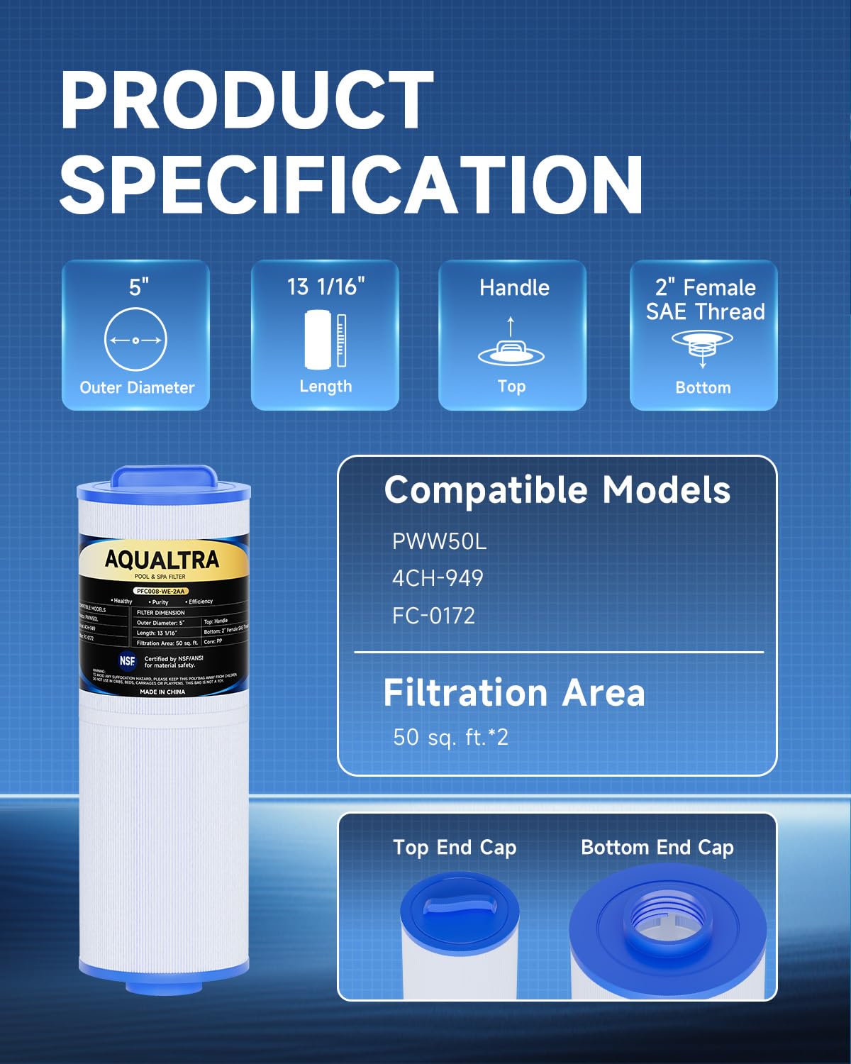 AQUALTRA Spa Filter Replacement Compatible with PWW50L, 4CH-949, FC-0172, SD-01143, Waterway 817-4050, Dynasty Rising Dragon 50, SC757, FD2007, 5" x 13 1/16" Screw in Hot Tub Filter 2 Pack