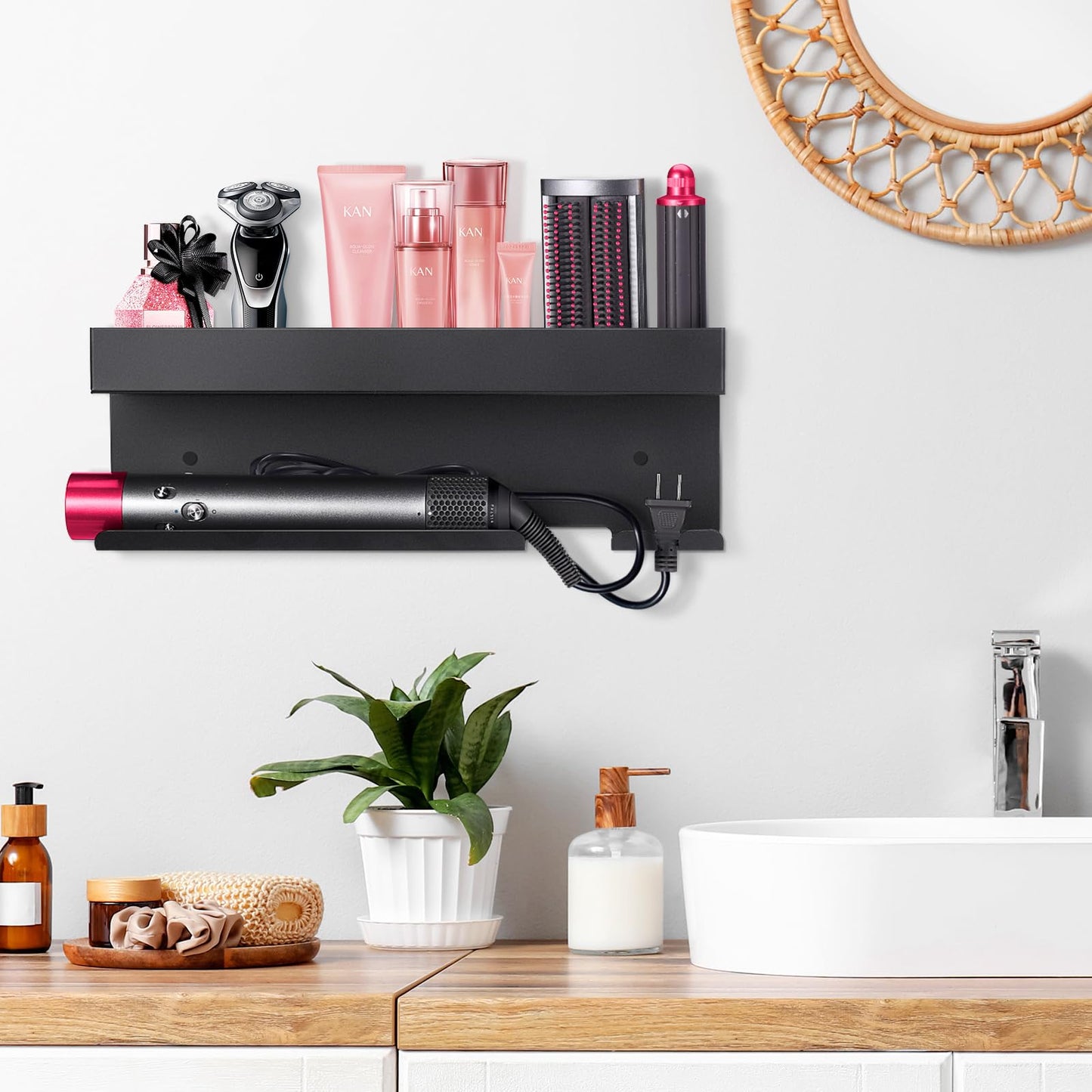 Hair Dryer Holder Wall Mount for Curling Iron Accessories, Hair Straightener Holder Black Hair Tool Organizer Blow Dryer Storage Rack for Home Bathroom Bedroom